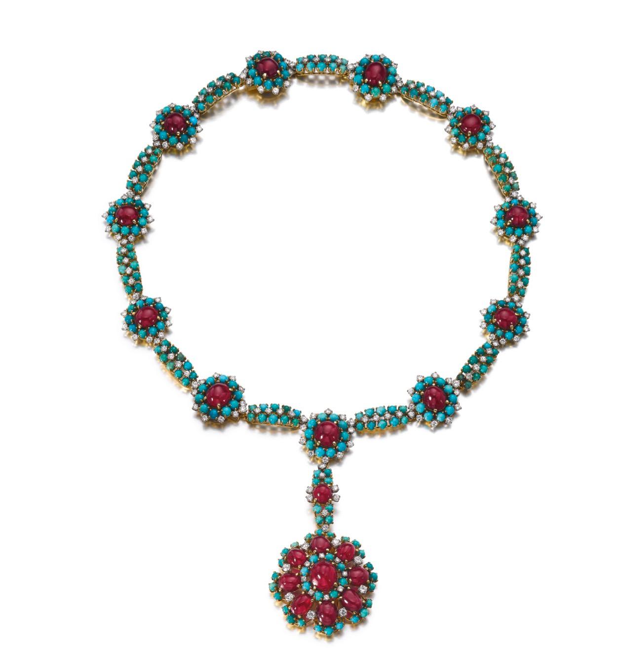 Cabochon Retro Turquoise Ruby and Diamond Flower Necklace