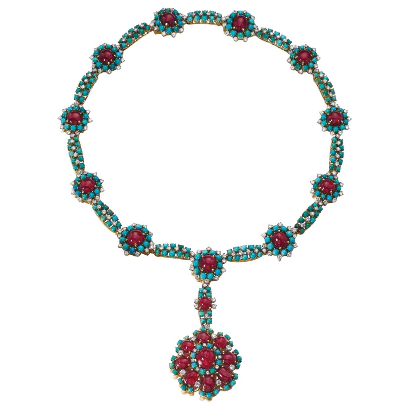 Retro Turquoise Ruby and Diamond Flower Necklace