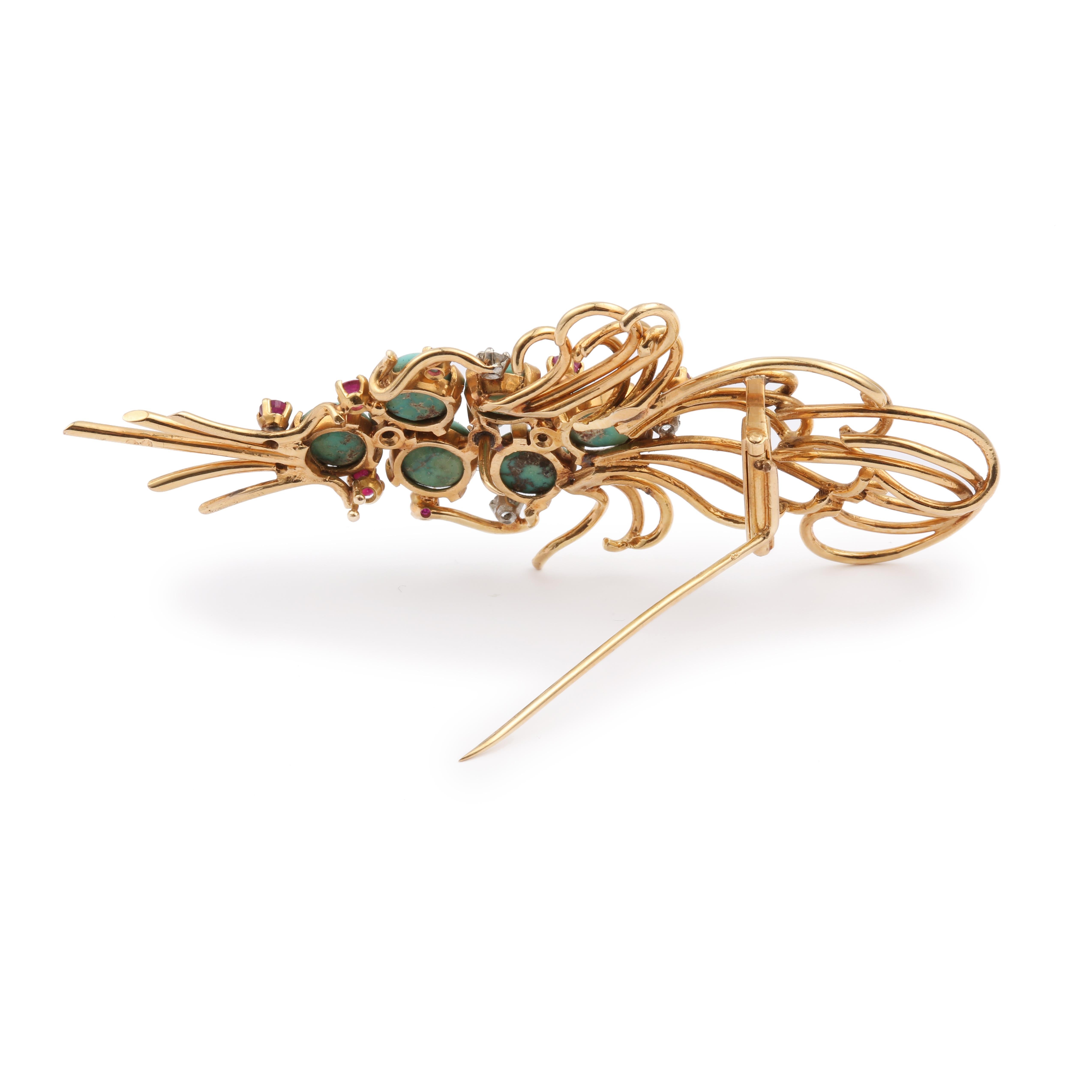 Yellow gold and platinum ribbon brooch set with turquoise, rubies and brilliant-cut diamonds. 

Total estimated weight of turquoise : 9.20 carats

Total estimated weight of rubies : 0.70 carats

Total estimated weight of diamonds : 0.48