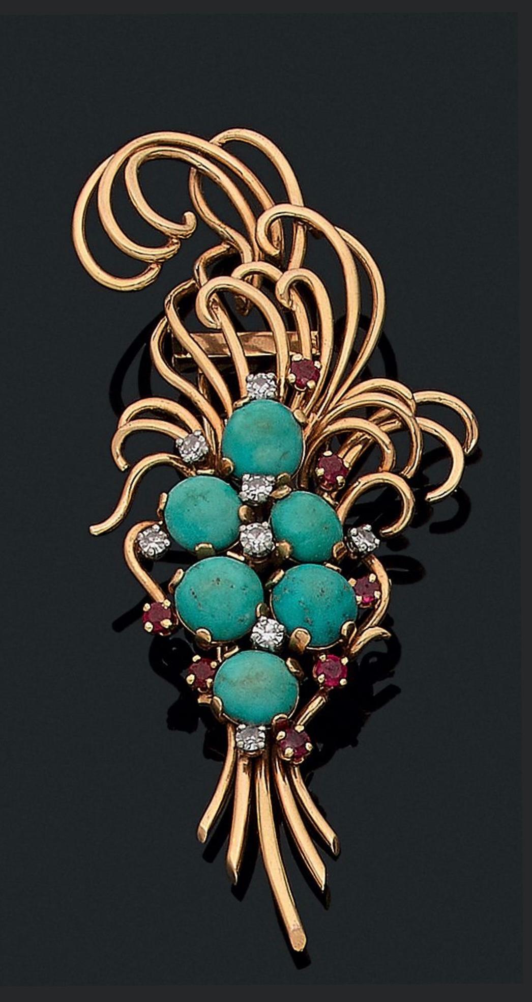 Retro Turquoise Ruby Diamonds 18 Carat Yellow Gold Plant Brooch In Excellent Condition In Paris, FR