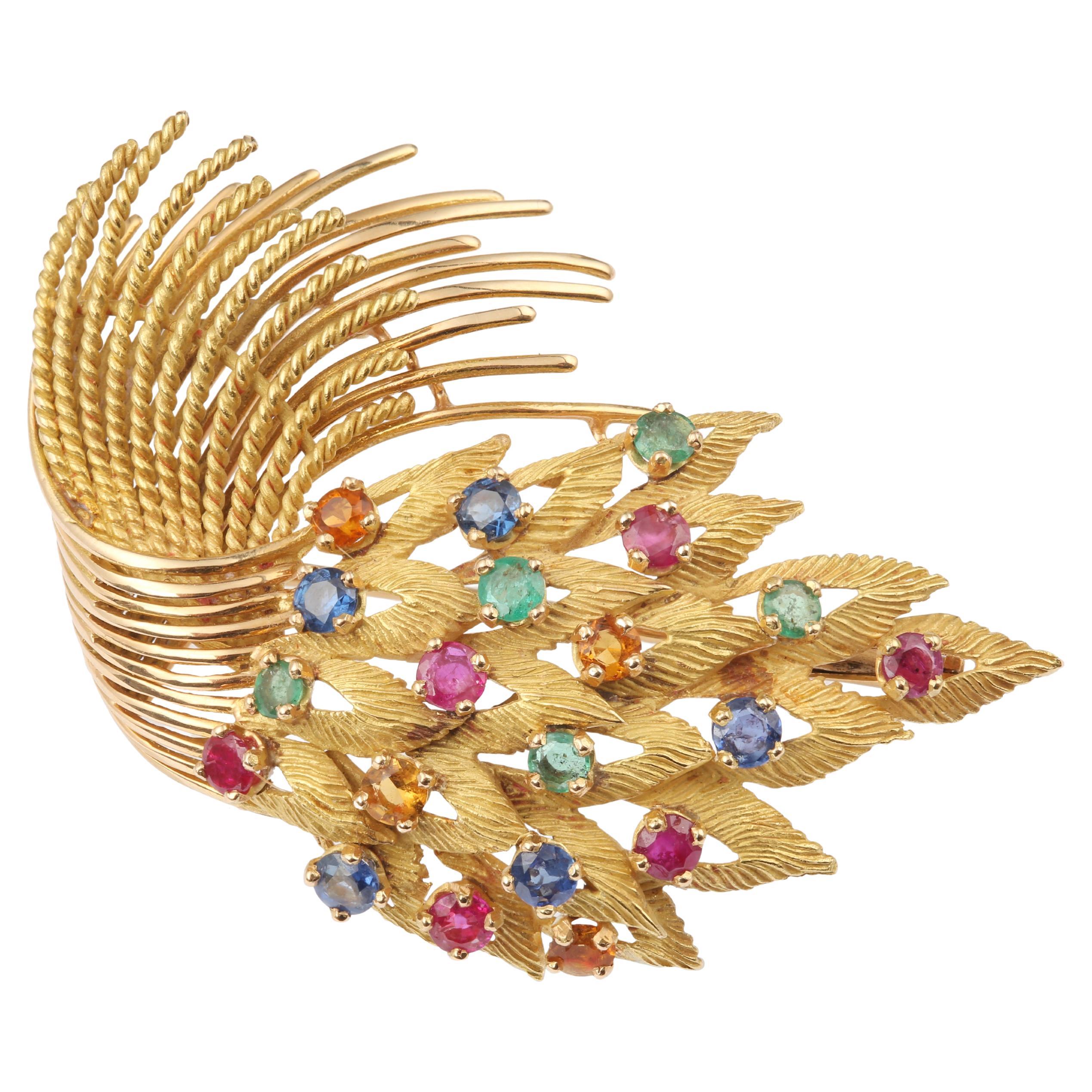 Retro Tutti Frutti 18k Yellow Gold Leaf Brooch