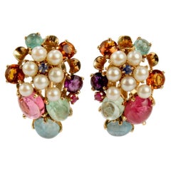 Retro Tutti Frutti Mulit Gemstone, Pearl, and 14 Karat Clip-On Earrings