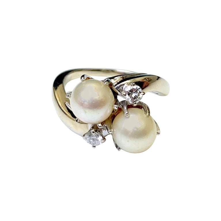 Retro Twin Pearl and Diamond Ring For Sale