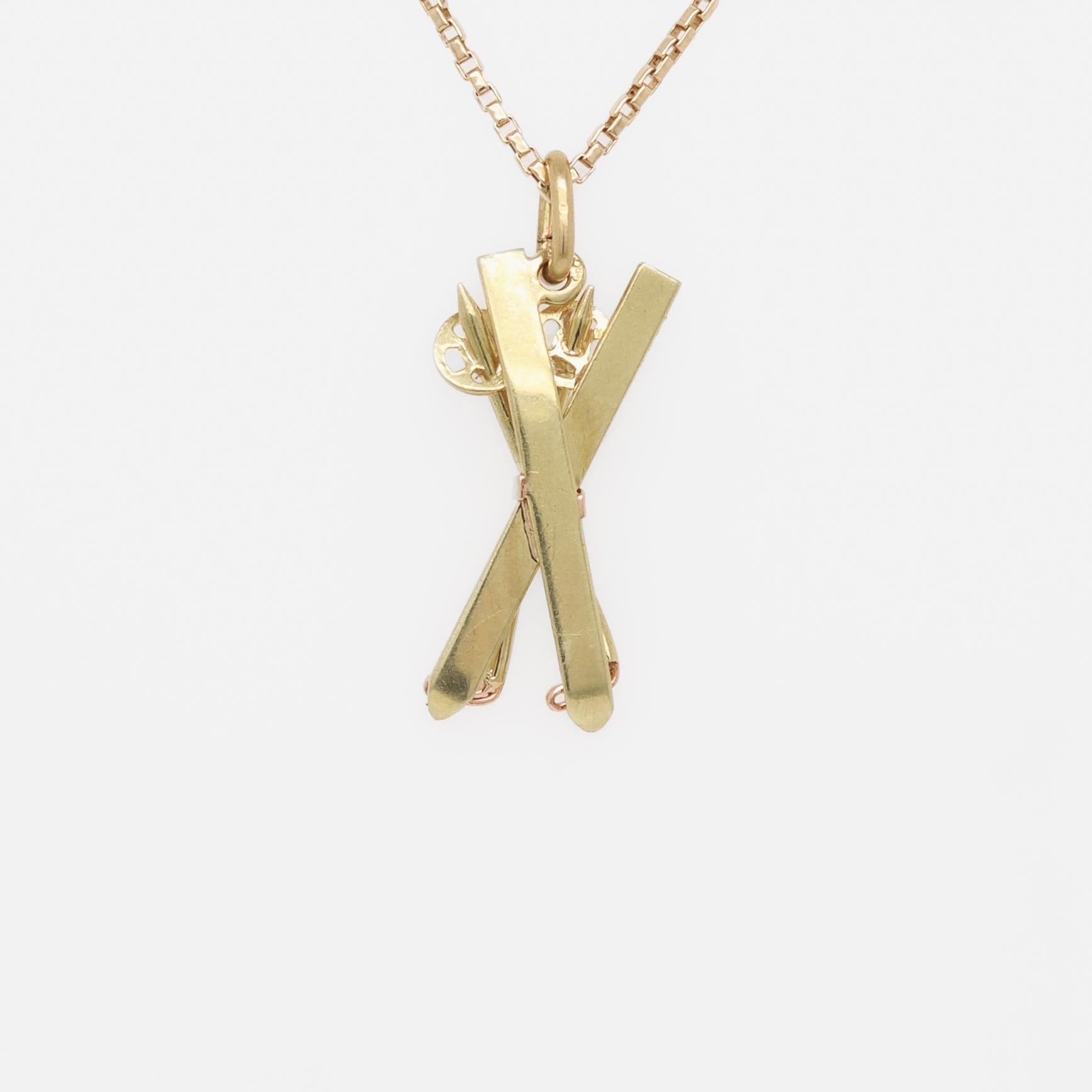 Women's or Men's Retro Two-Tone 14K Gold Pair of Skis & Ski Poles Charm for a Bracelet