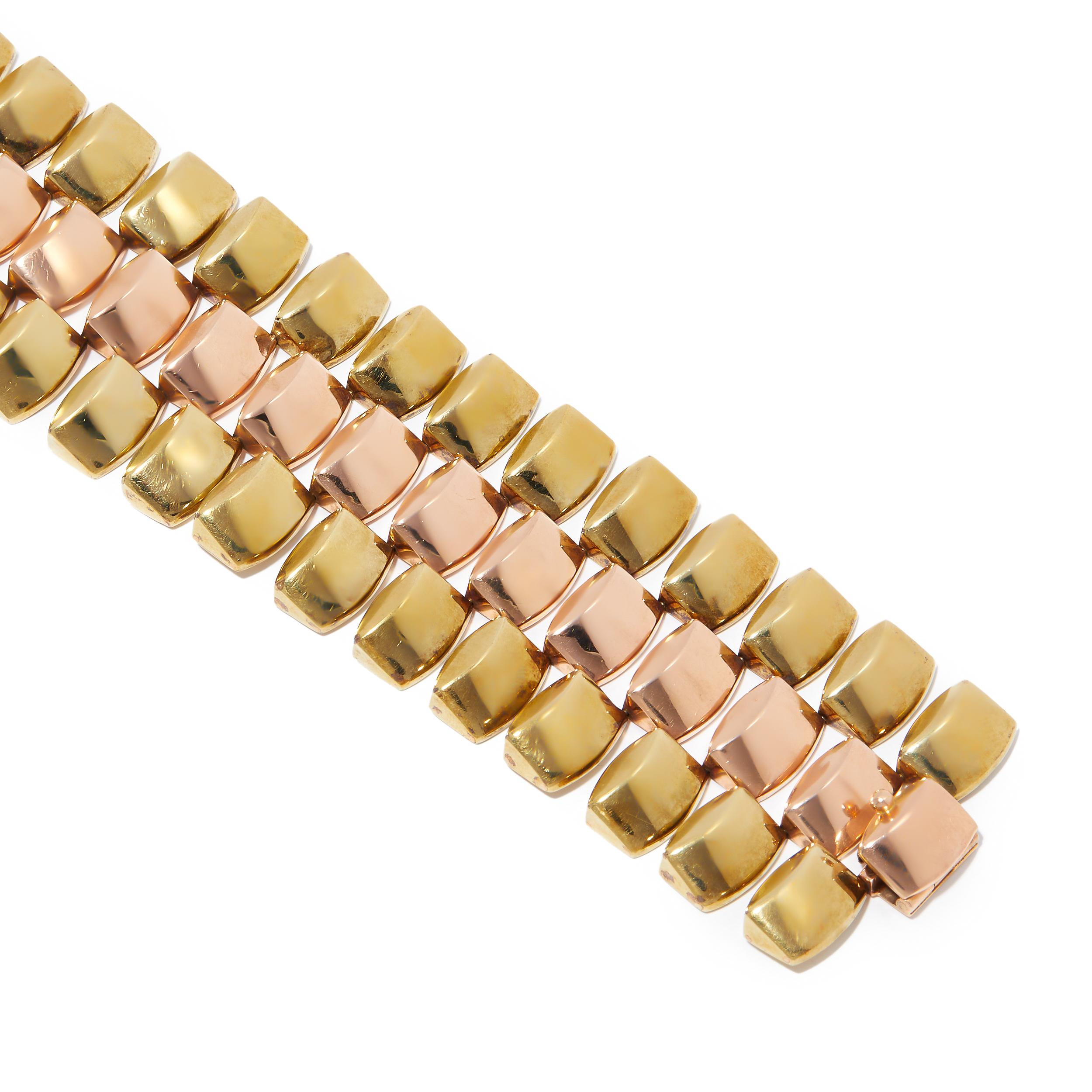 Retro Geometric Link Bracelet In Two-Tone 14ct Gold In Good Condition For Sale In Dubai, DU