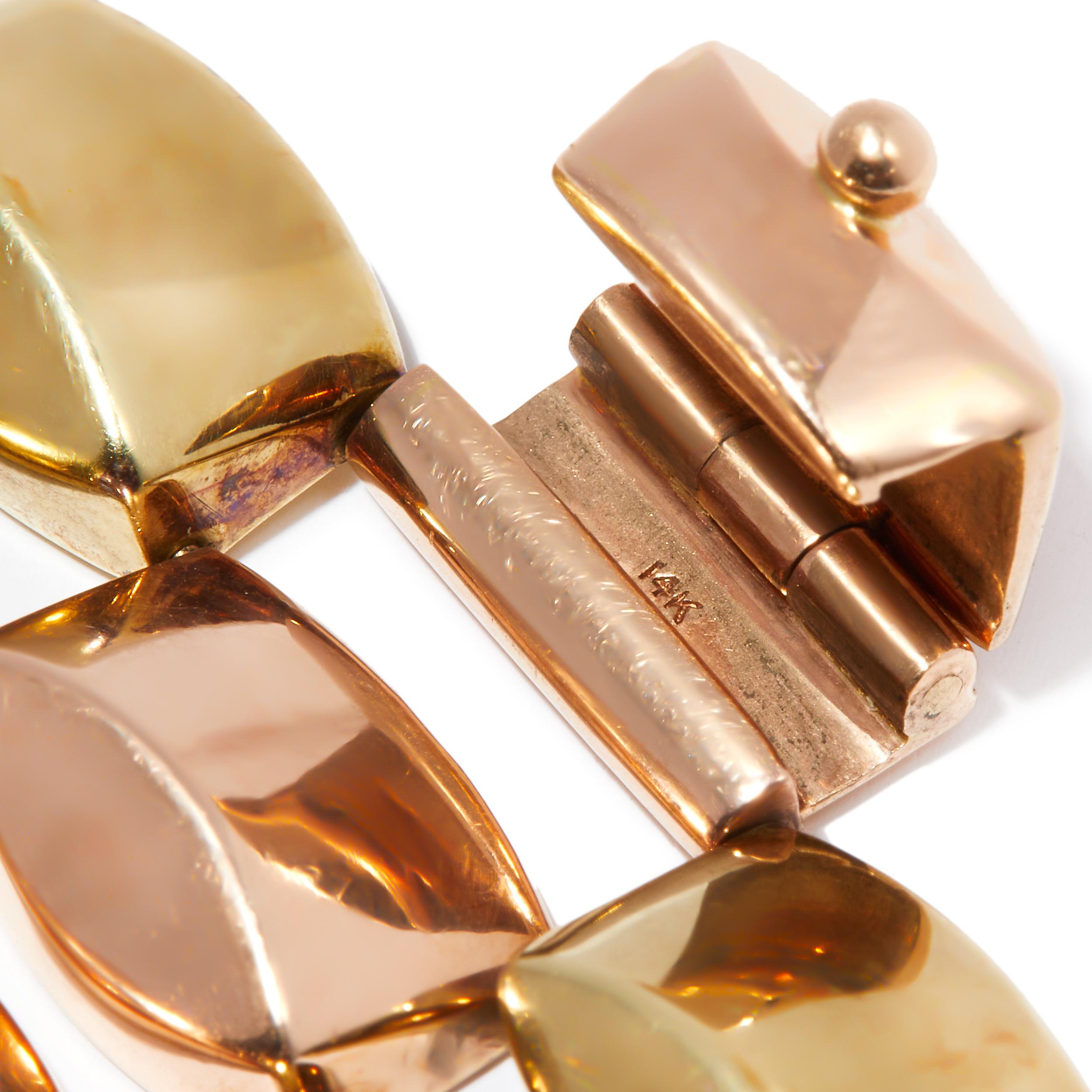 Women's or Men's Retro Geometric Link Bracelet In Two-Tone 14ct Gold For Sale