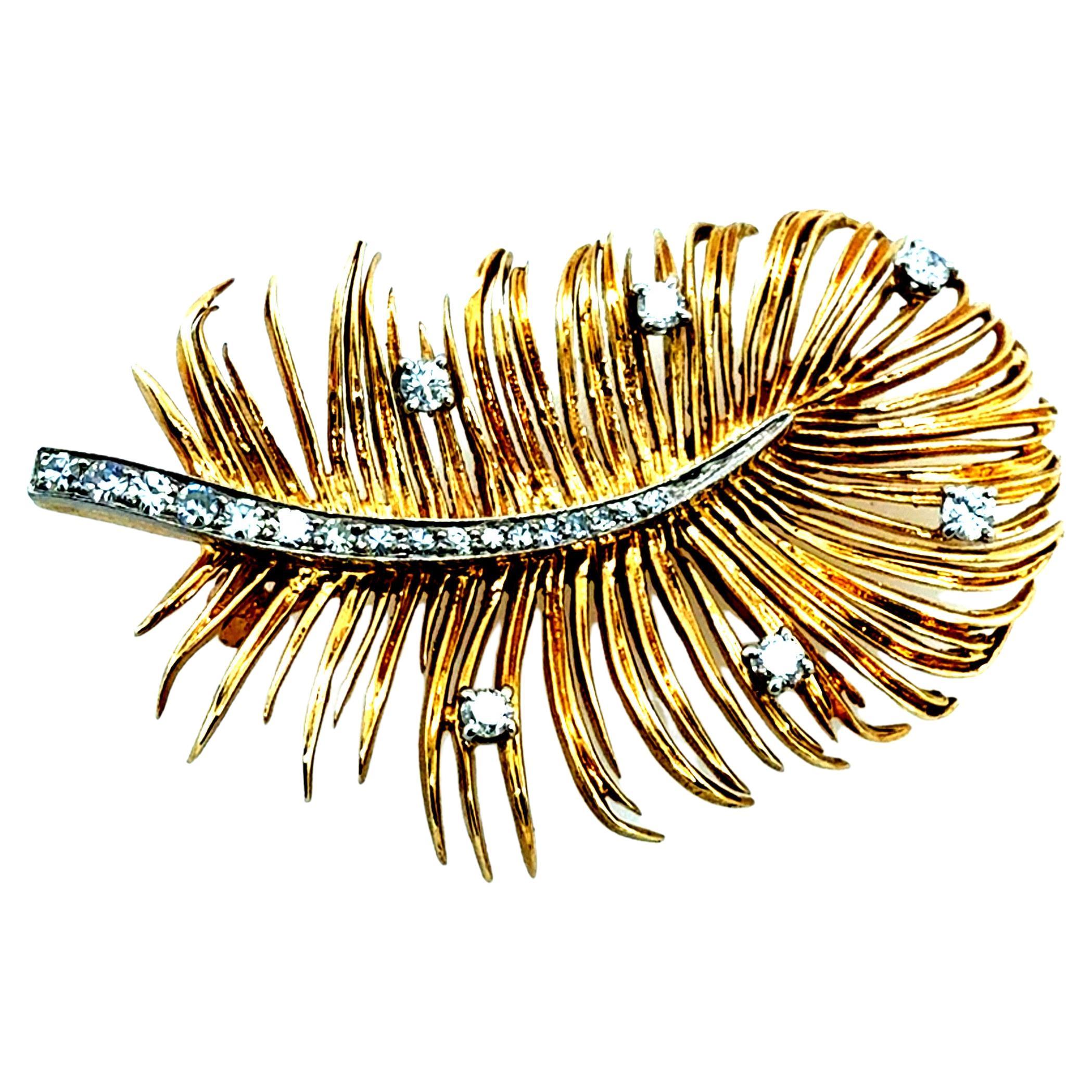 Retro Zwei-Ton-Gold 0,35 Karat natürlichen Diamanten Blatt Pin Brosche CIRCA 1975