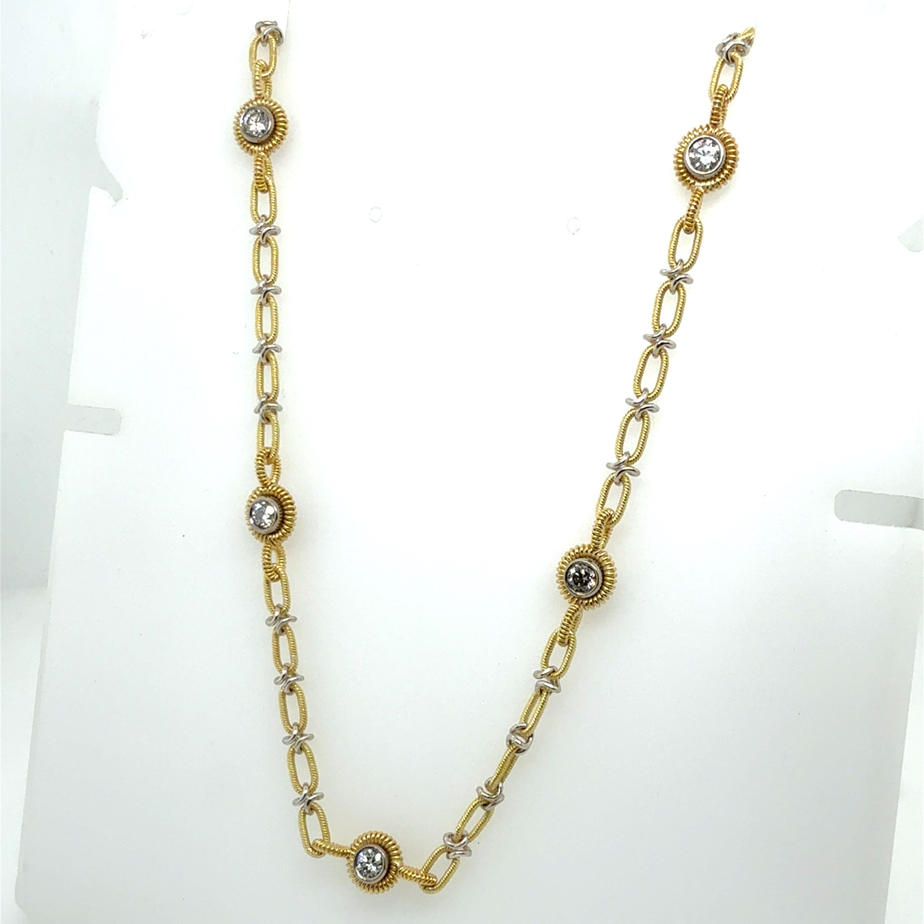 Retro Two Tone Gold 1.5 Carat Natural Diamond Statement Necklace Made in Italy Bon état - En vente à Los Angeles, CA