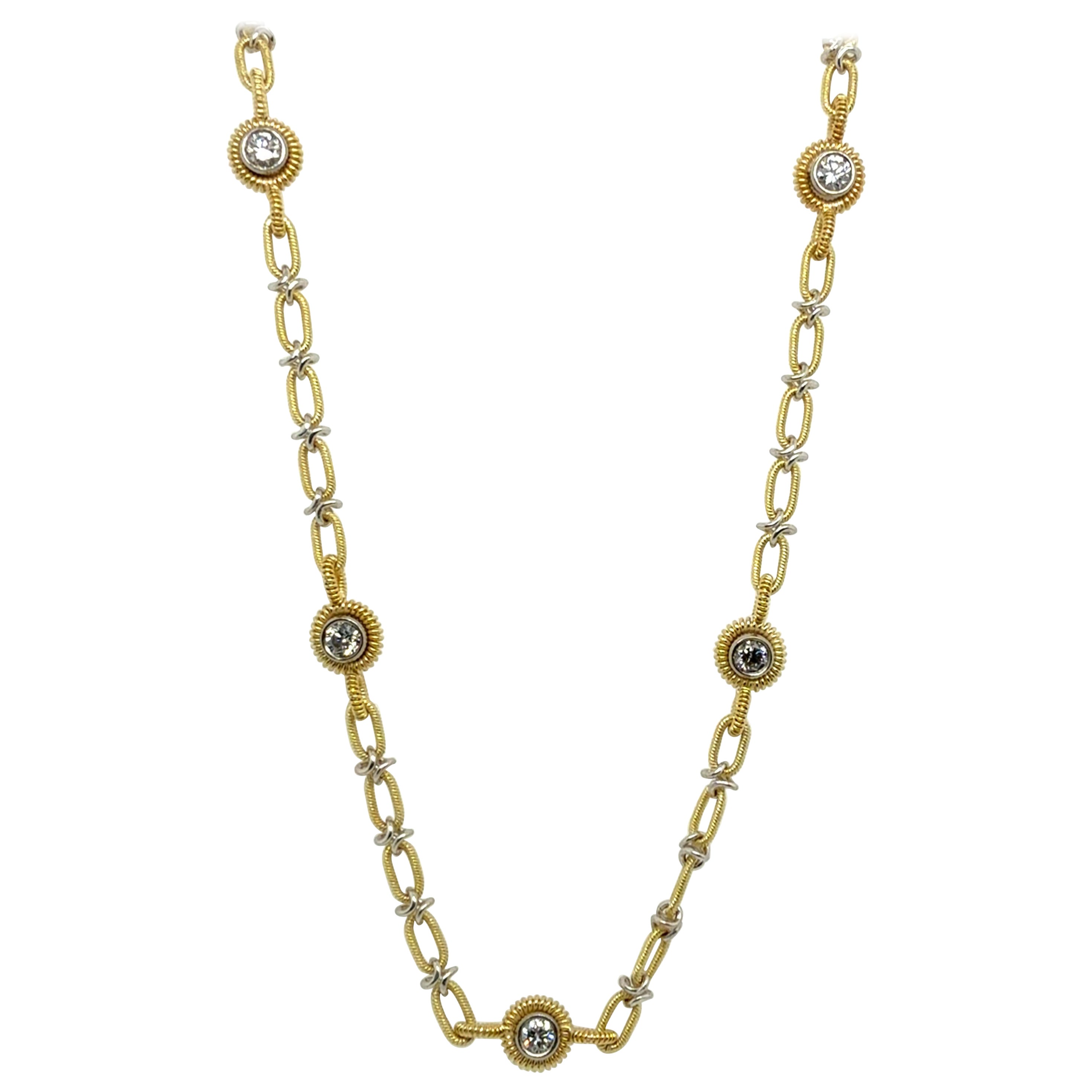 Retro Two Tone Gold 1.5 Carat Natural Diamond Statement Necklace Made in Italy en vente