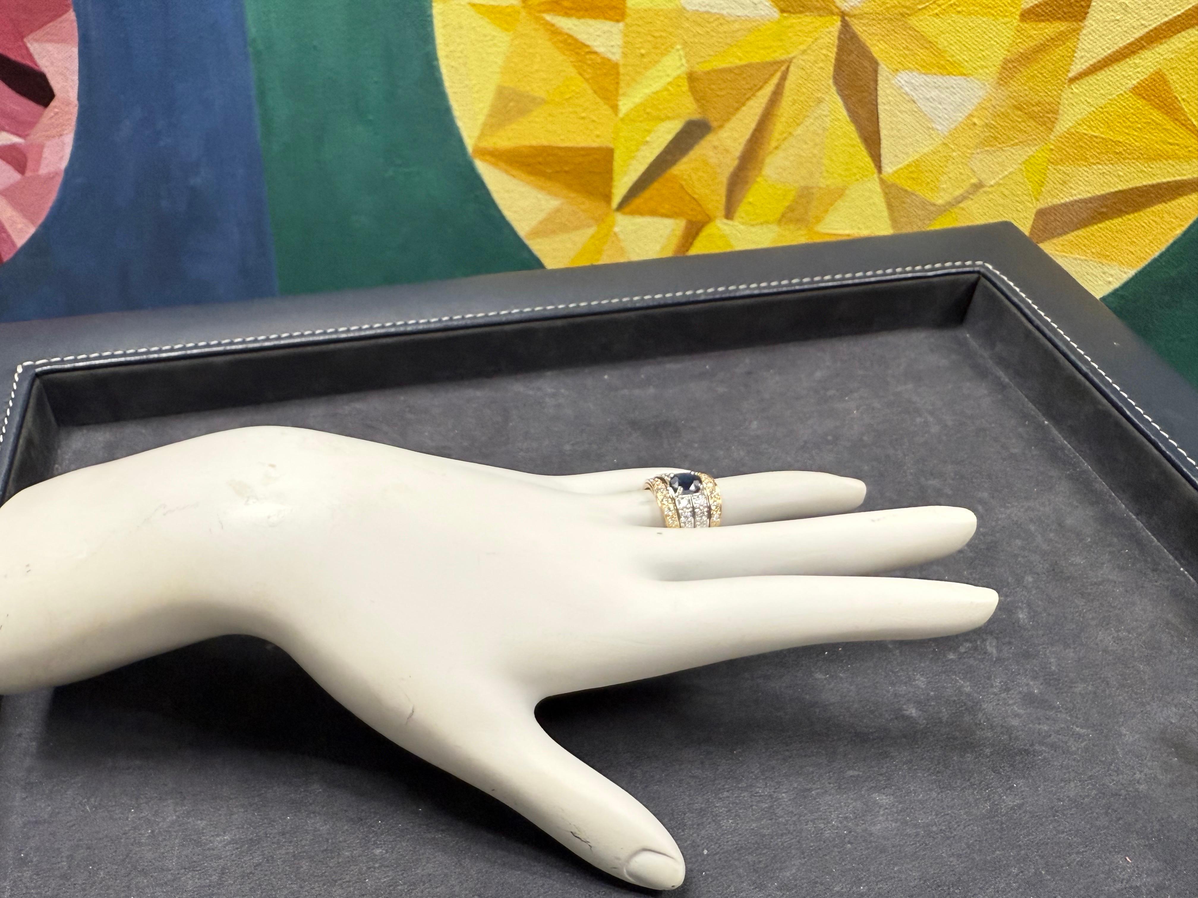 Oval Cut Retro Two-Tone Gold 3 Carat Natural Royal Blue Sapphire & Diamond Ring 1980 For Sale