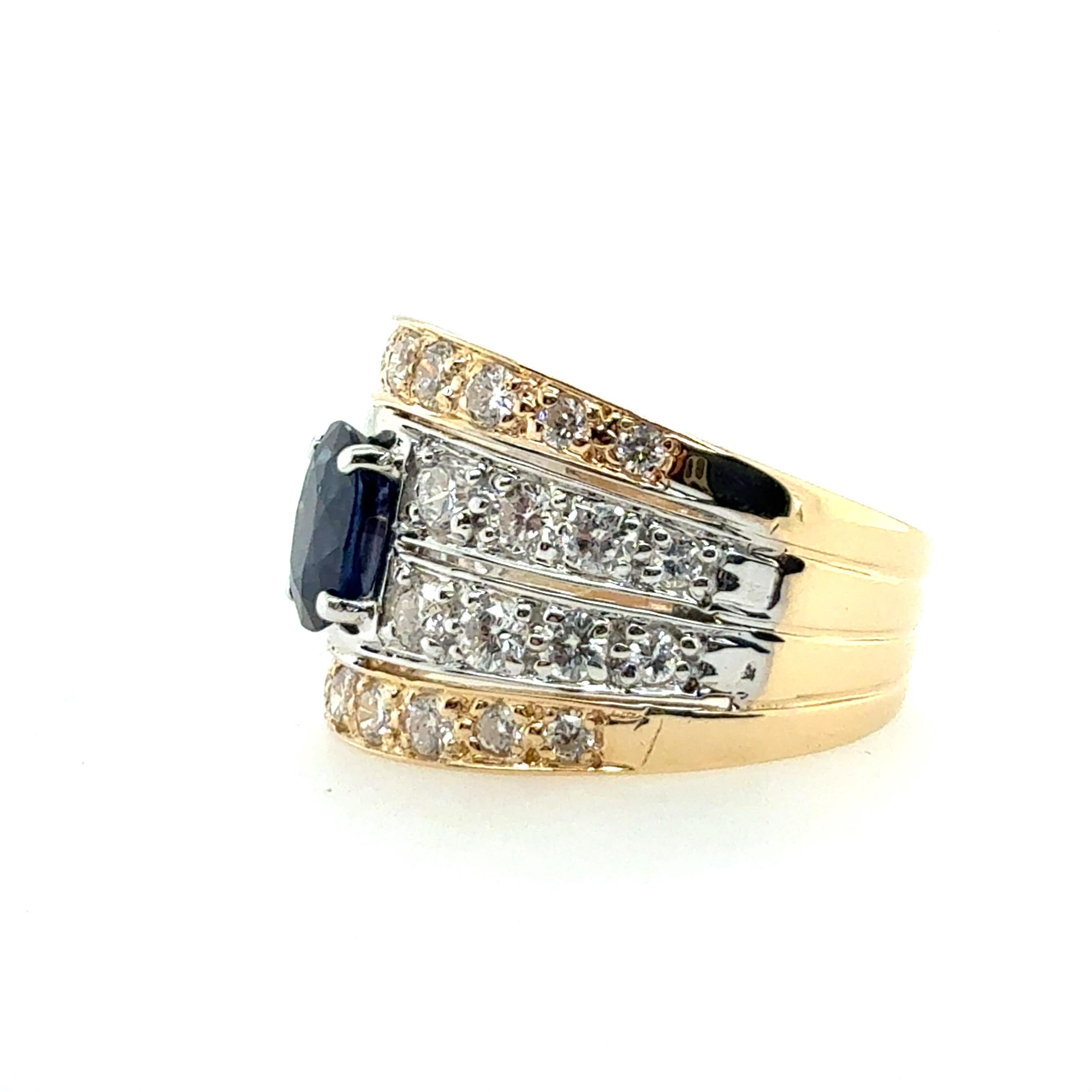 Retro Two-Tone Gold 3 Carat Natural Royal Blue Sapphire & Diamond Ring 1980 In Good Condition For Sale In Los Angeles, CA