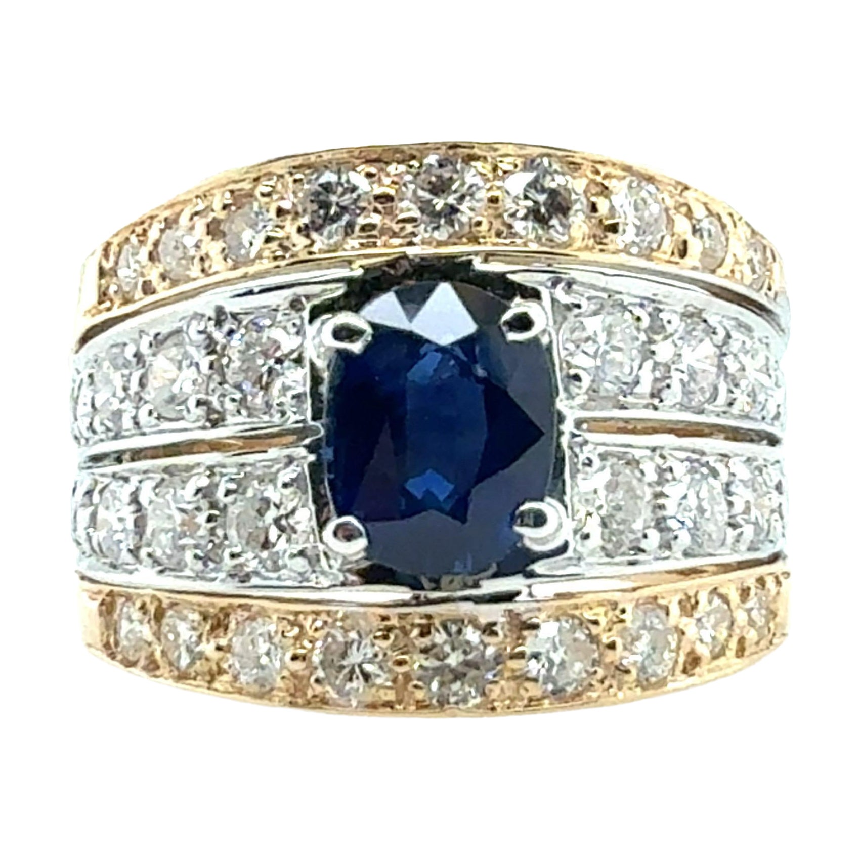 Retro Zweifarbiger Goldring mit 3 Karat natürlichem königsblauem Saphir und Diamant 1980