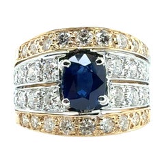 Bague rétro en or bicolore 3 carats saphir royal bleu naturel et diamant 1980