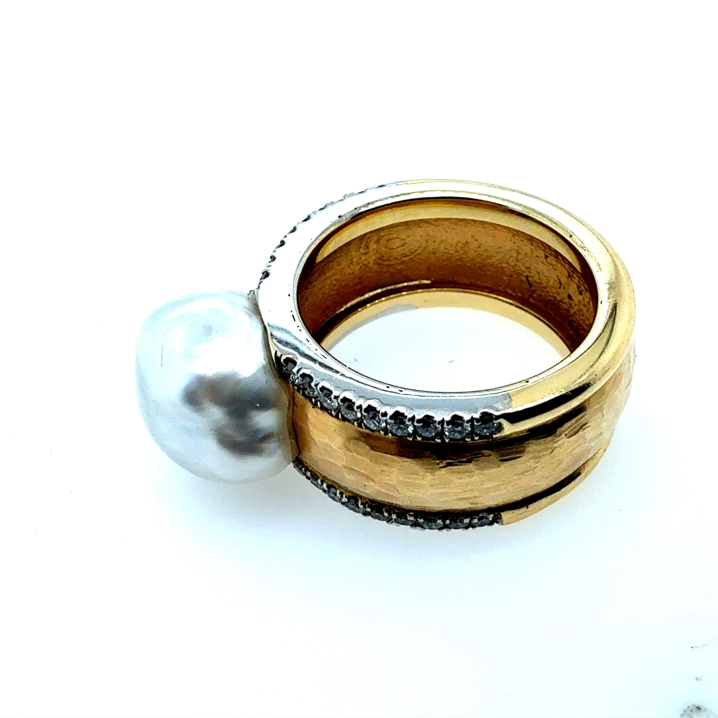 Women's Retro Two-Tone Gold Natural Diamond & South Sea Pearl Statement Ring Circa 1980s For Sale