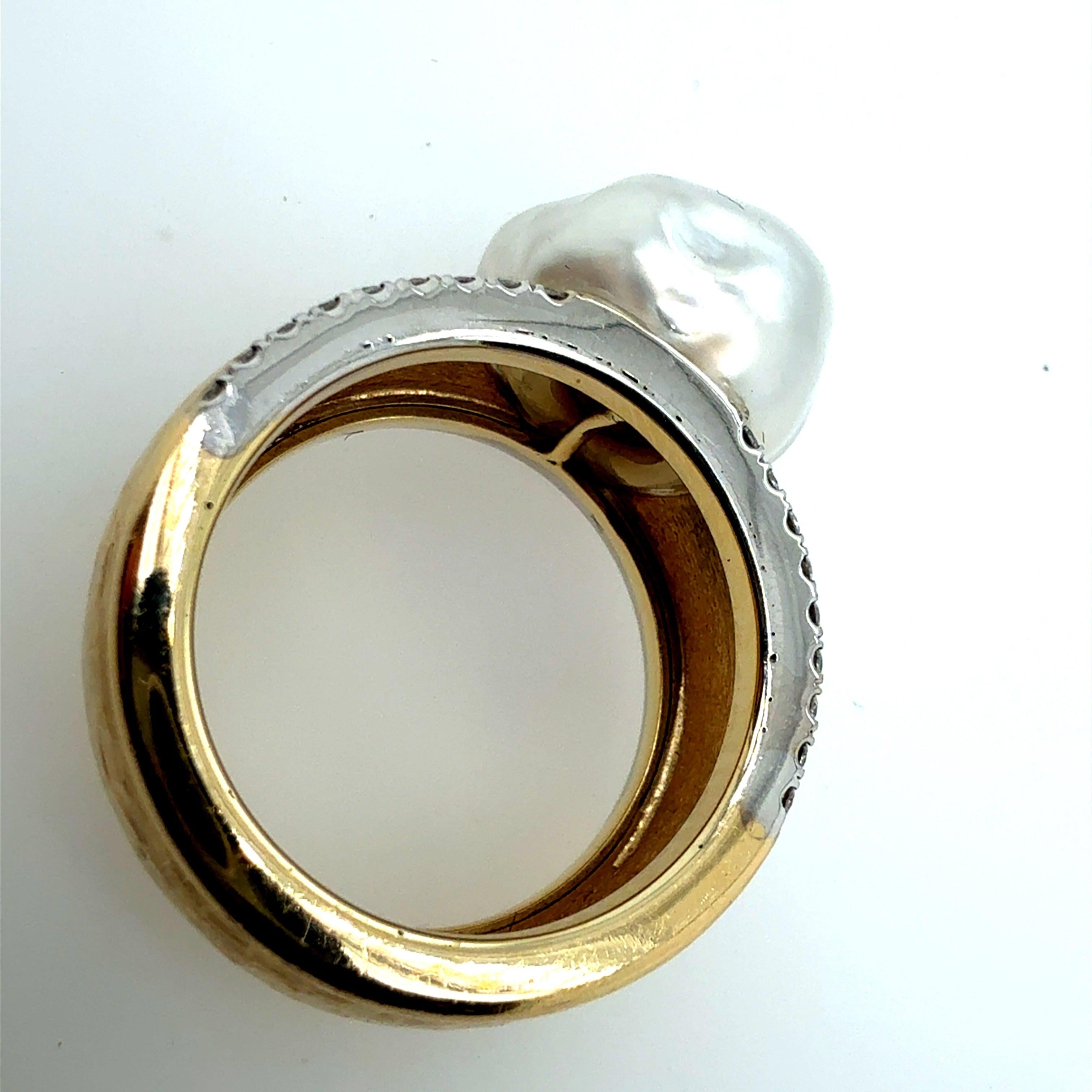 Retro Two-Tone Gold Natural Diamond & South Sea Pearl Statement Ring Circa 1980s For Sale 1