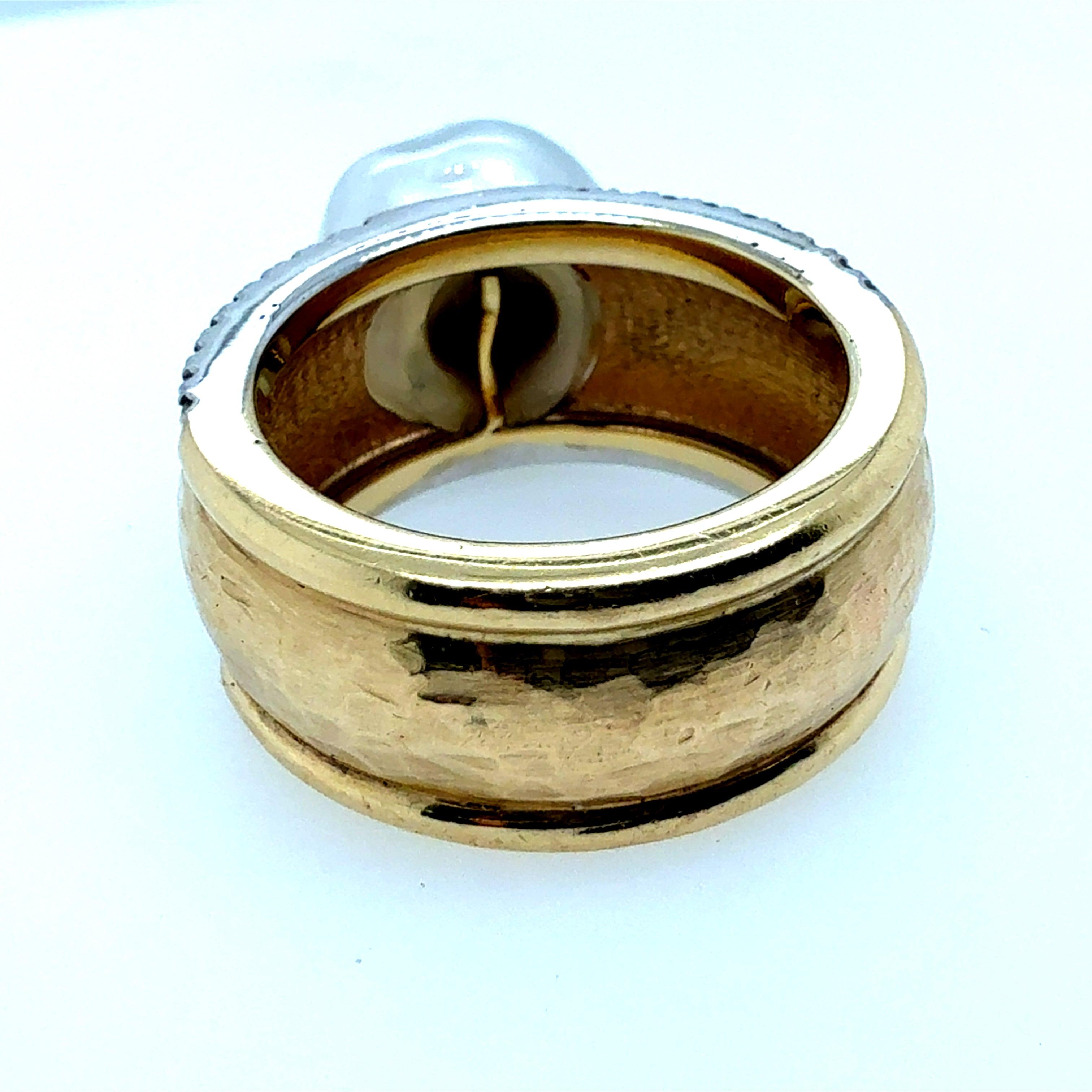 Retro Two-Tone Gold Natural Diamond & South Sea Pearl Statement Ring Circa 1980s For Sale 2