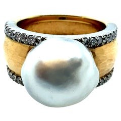 Retro Two-Tone Gold Natural Diamond & South Sea Pearl Statement Ring Circa 1980s