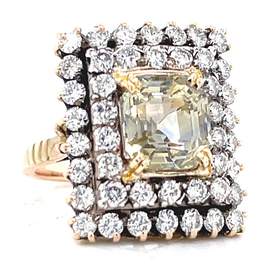 Retro Victorian Revival 6.64 Carat Emerald Cut Yellow Sapphire Diamond Gold Ring In Excellent Condition In Beverly Hills, CA