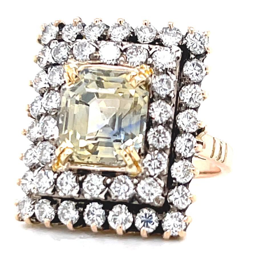 Women's or Men's Retro Victorian Revival 6.64 Carat Emerald Cut Yellow Sapphire Diamond Gold Ring