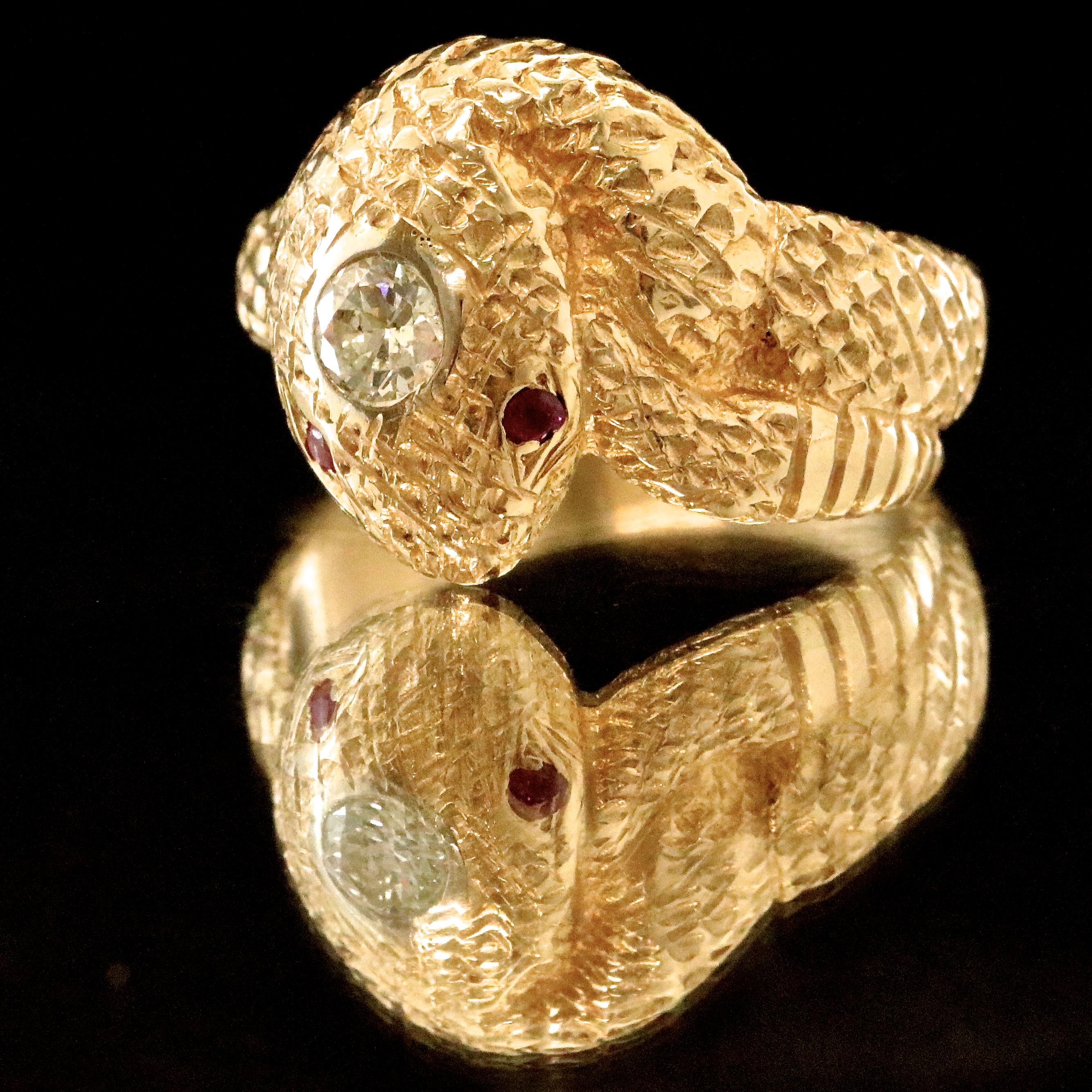 Brilliant Cut Retro Victorian Style 14 Karat Gold Snake Ring