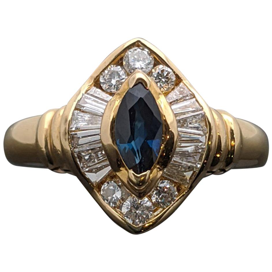 Retro Vintage 14 Karat Yellow Gold Sapphire and Diamond Ring For Sale