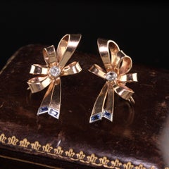 Retro Vintage 14K Rose Gold Old Euro Diamond Sapphire Bow Earrings