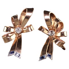 Retro Vintage 14K Rose Gold Old Euro Diamond Sapphire Bow Earrings