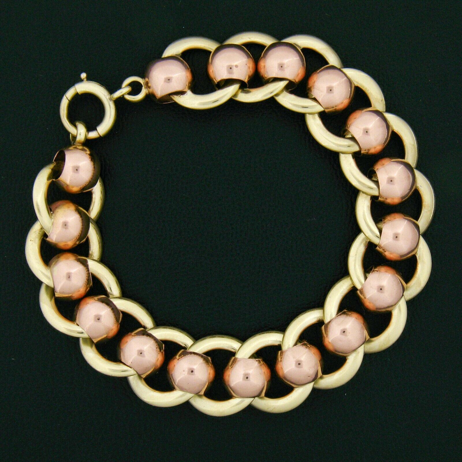 Here we have a vintage rolo and flat cable combination link chain bracelet. The chain is solid 14k rose and green gold with a large and sturdy spring ring clasp. The chain is approximately 7.25 inches long but, due to the nature of the chain's