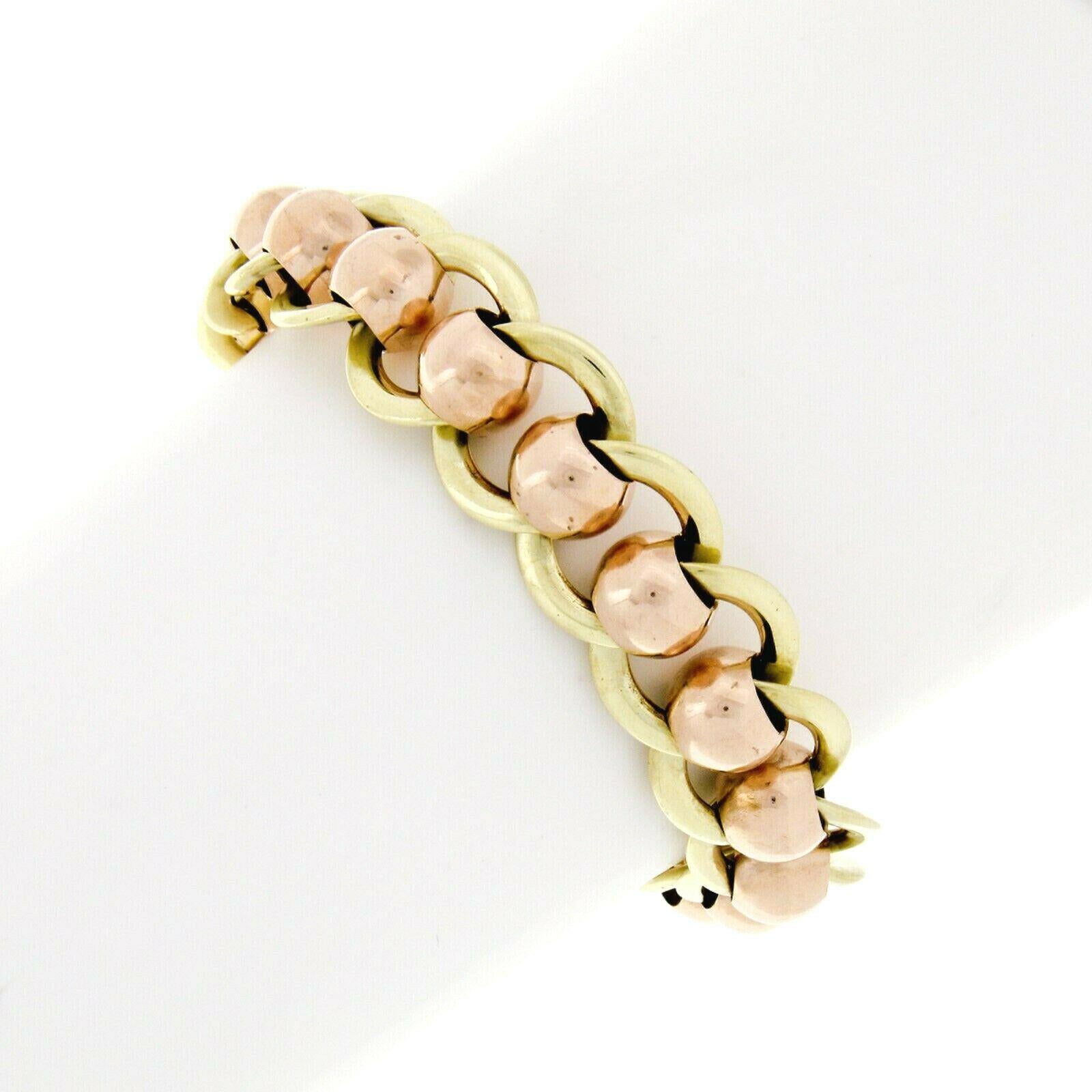 Retro Vintage 14k Rose Green Gold Wide Ball & Flat Cable Link Chain Bracelet In Good Condition In Montclair, NJ