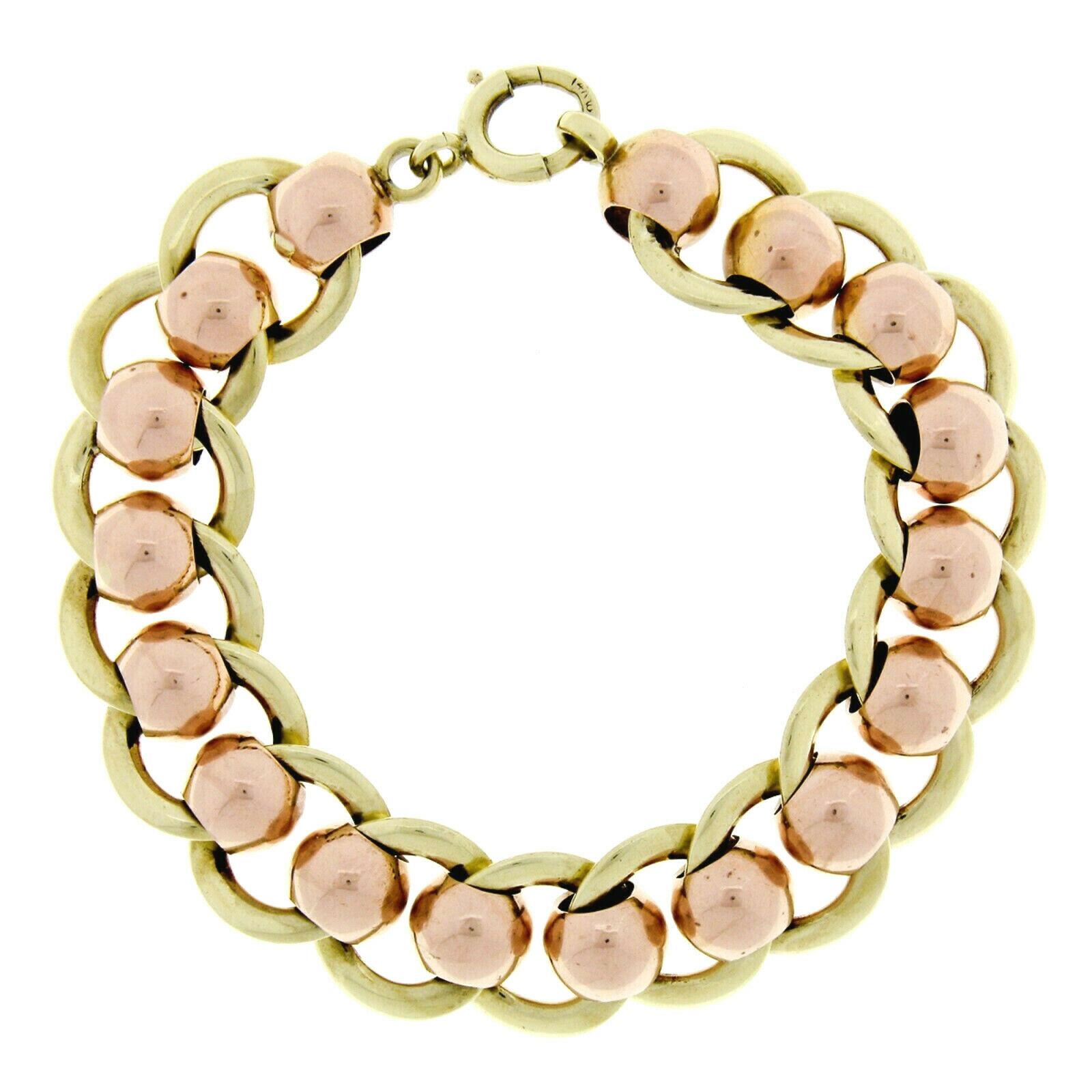 Women's Retro Vintage 14k Rose Green Gold Wide Ball & Flat Cable Link Chain Bracelet