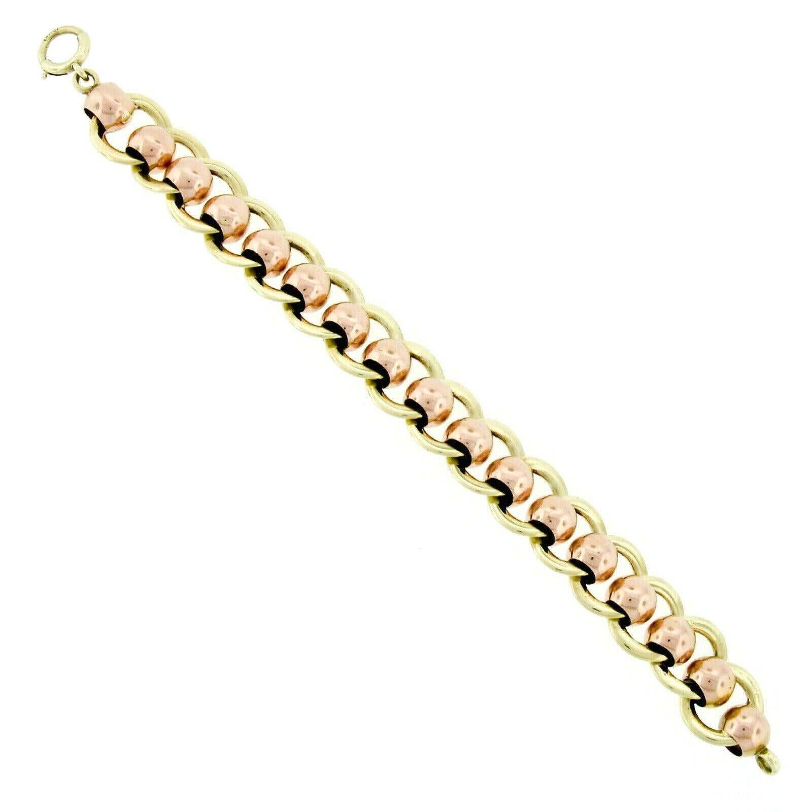 Retro Vintage 14k Rose Green Gold Wide Ball & Flat Cable Link Chain Bracelet 1