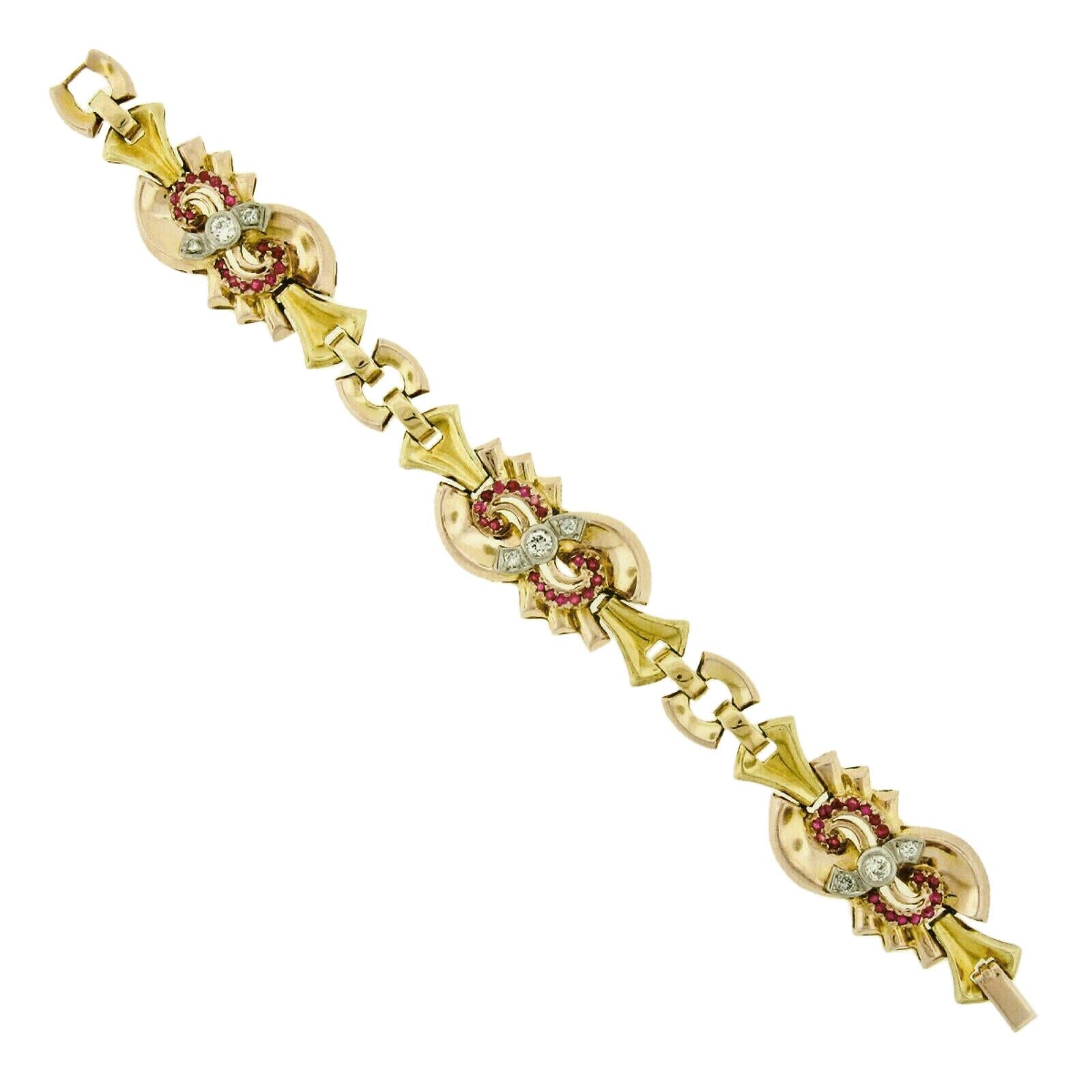 Retro Vintage 14k Rose Green White Gold Round Diamond 
Ruby Statement Bracelet