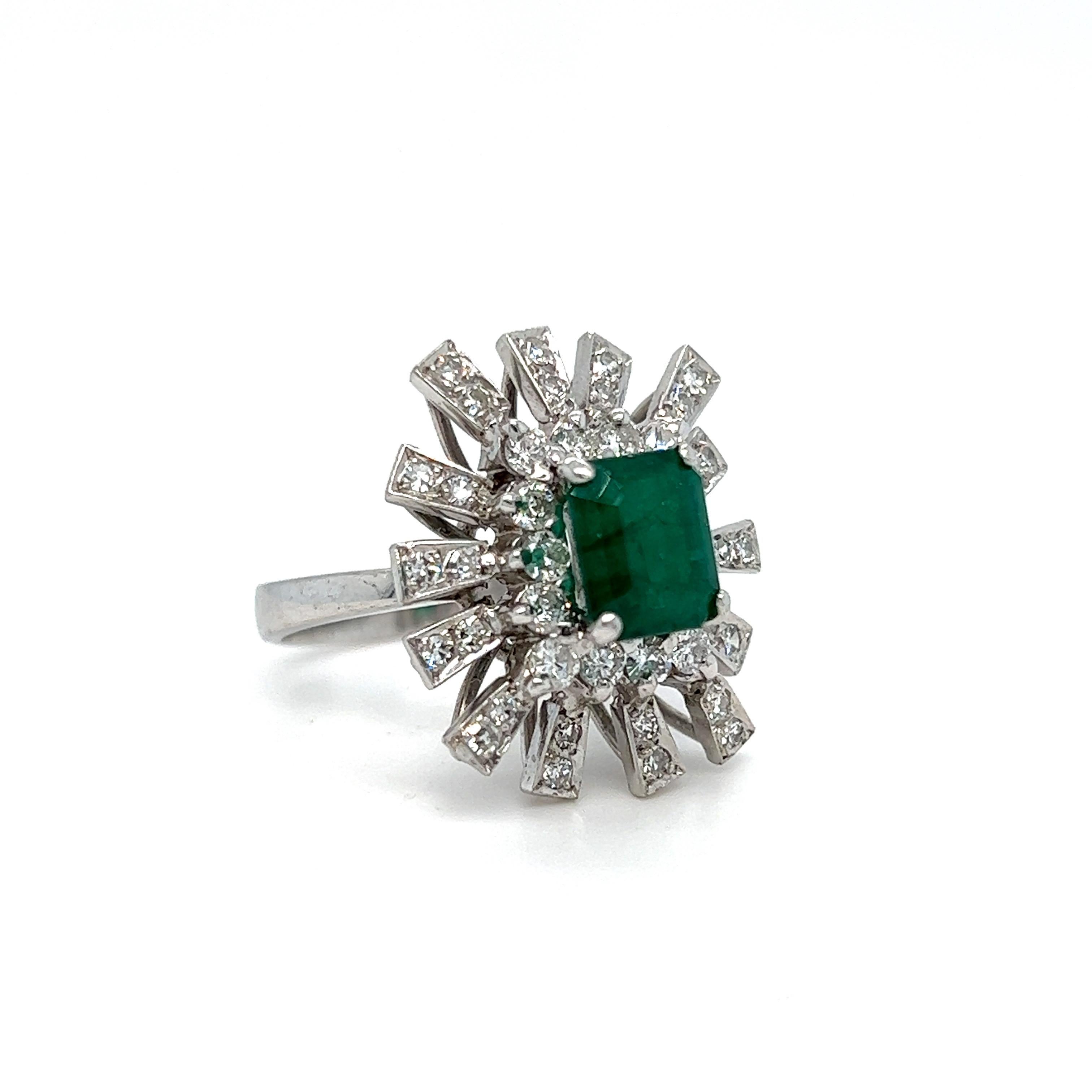 Oh so Retro! LOVE this unique, one of kind Retro Vintage Diamond and Emerald Cluster Engagement Ring! The vintage styling is wonderful, the high set filigree basket is awesome, and the massive diamond sparkle is blinding! Crafted in 18K White Gold,