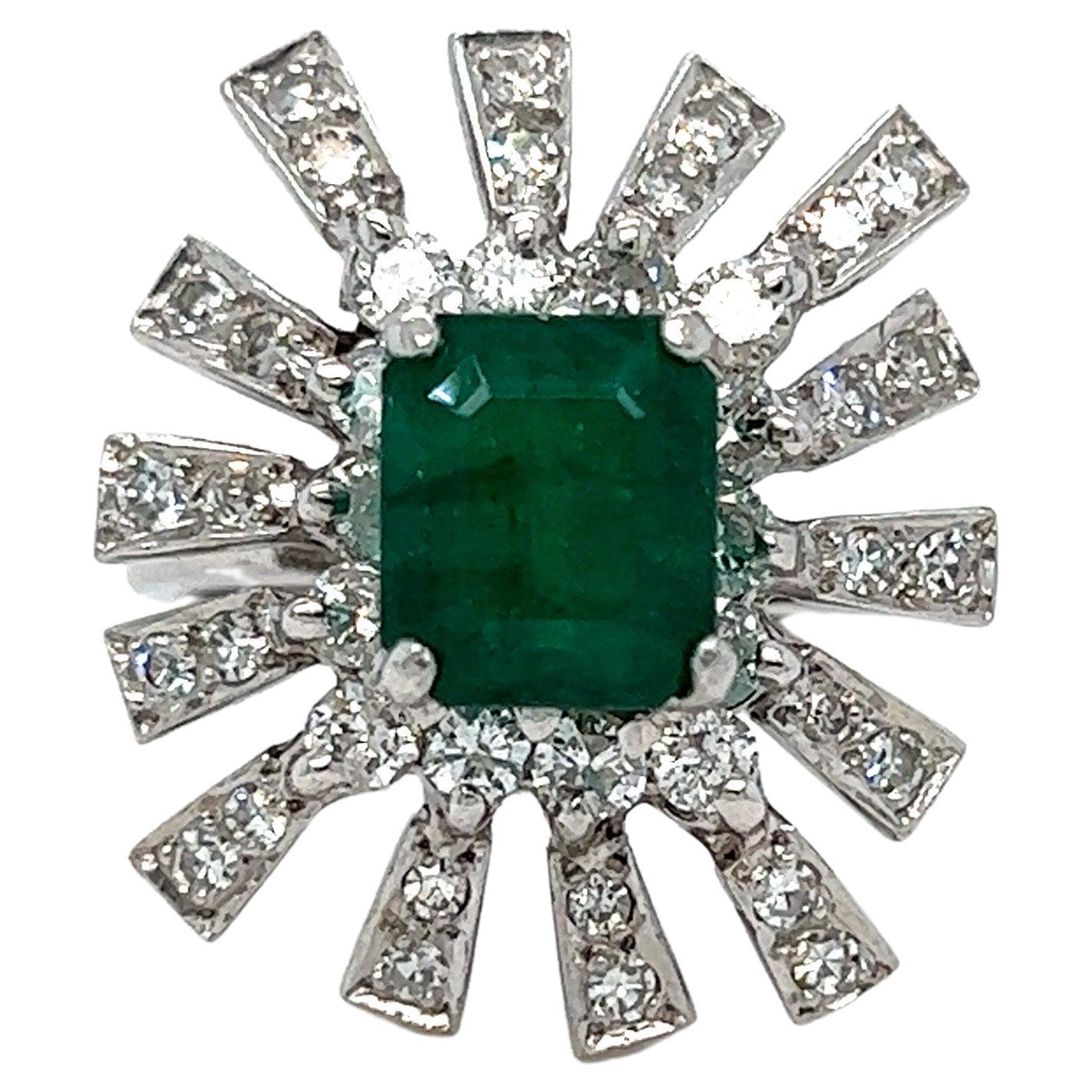 Retro Vintage 18K White Gold Diamond and Emerald Cluster Engagement Ring, 2.76ct