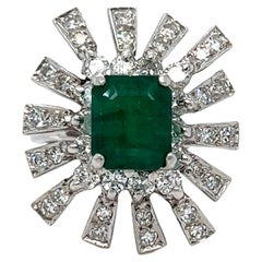 Vintage Vintage 18K White Gold Diamond and Emerald Cluster Engagement Ring, 2.76ct