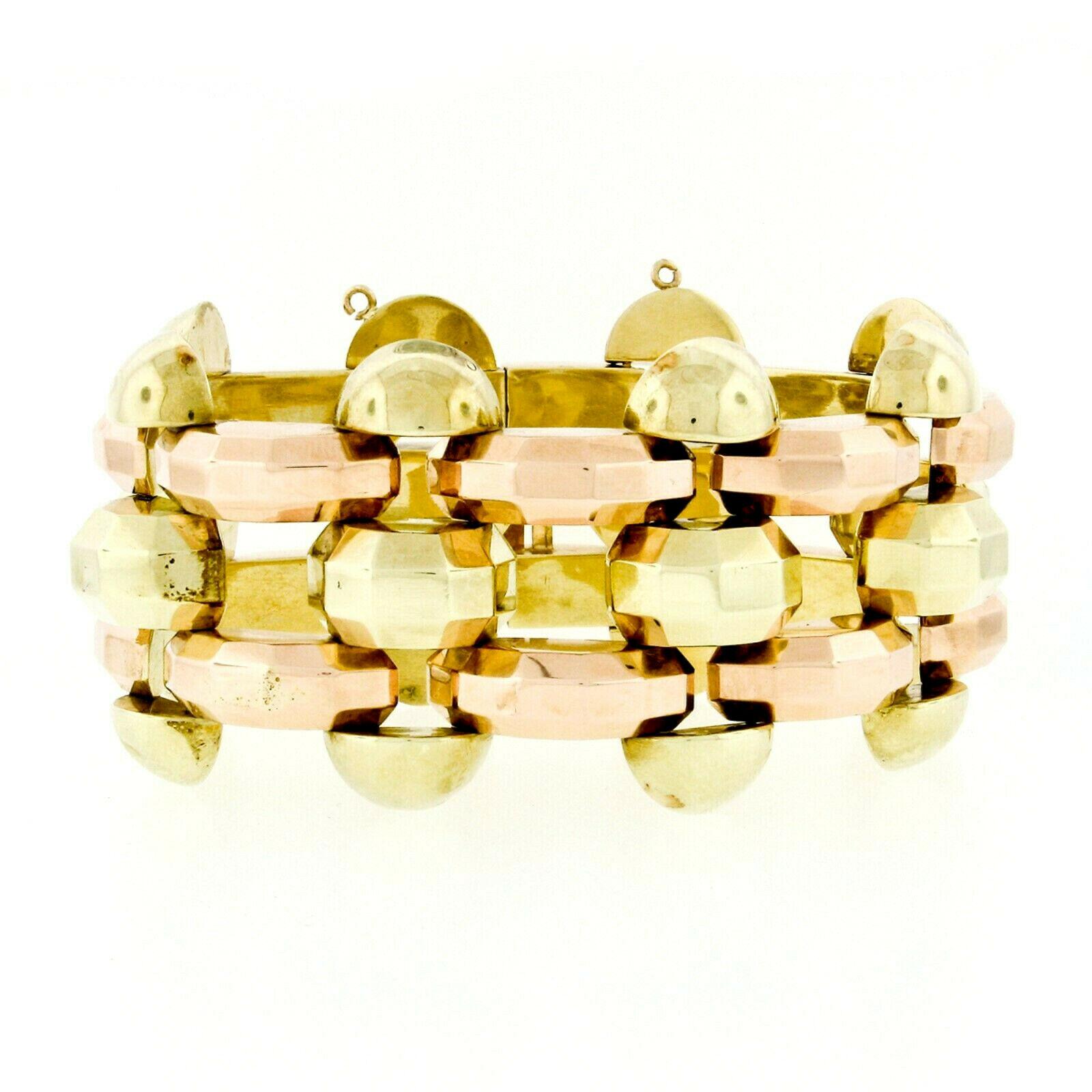 Here we have a very unique-looking vintage bracelet which was crafted from solid 14k rose and green gold during the 1940's. The bracelet features a wide pattern alternating faceted geometric links giving it its unique and fashionable look. It is