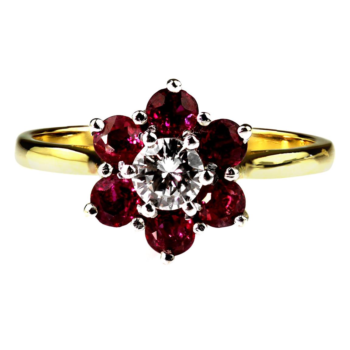 Retro / Vintage 1970s Ruby and Diamond Cluster Ring in 18k Gold For Sale