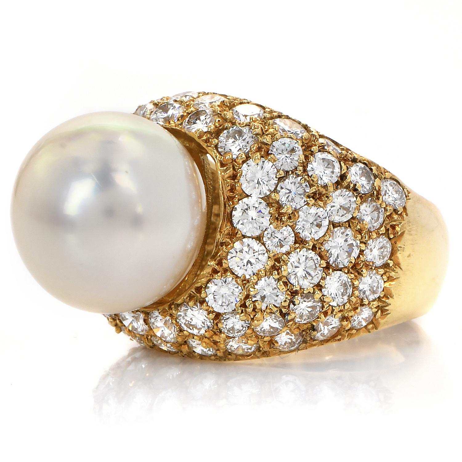 Round Cut Retro Vintage 5.50ct Diamond South Sea Pearl 18k Yellow Gold Pave Cocktail Ring For Sale
