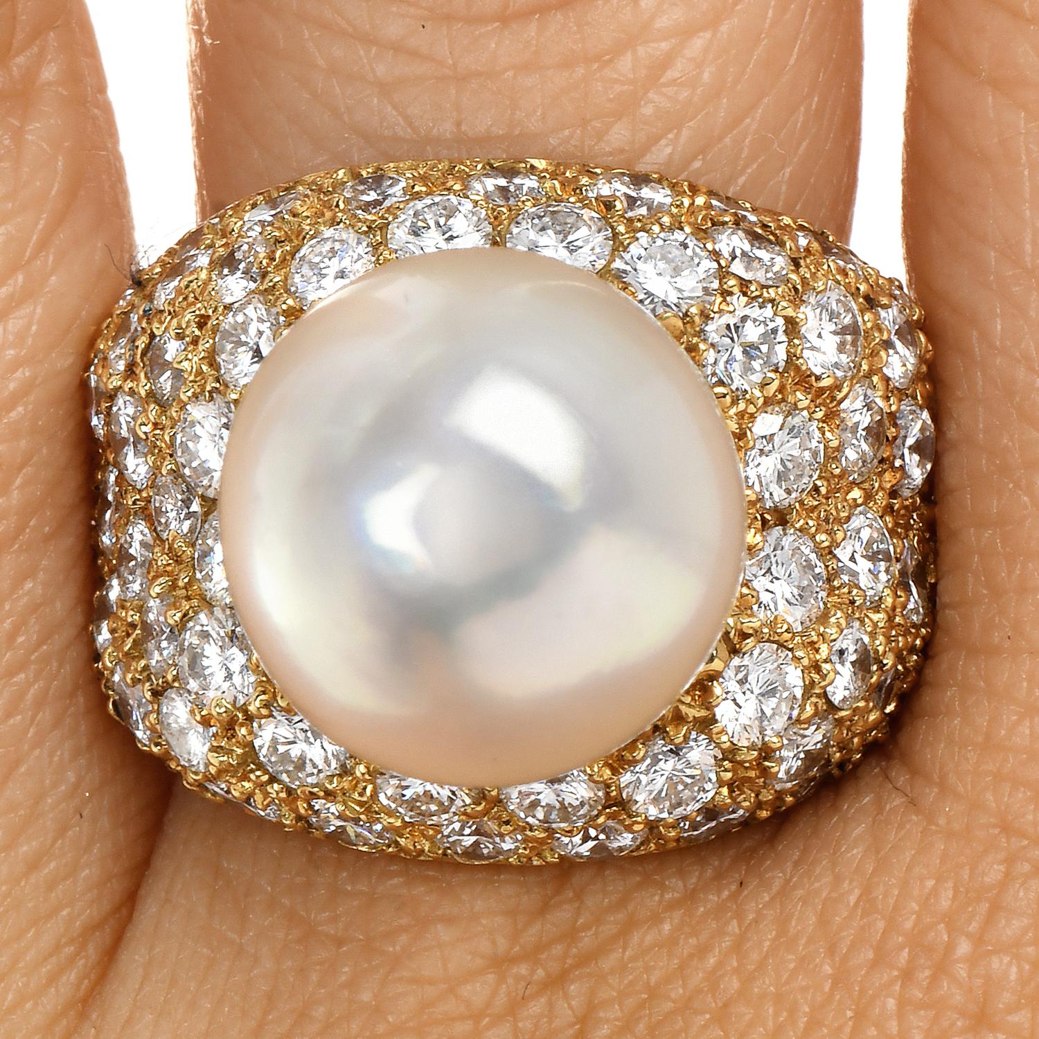 Retro Vintage 5.50ct Diamond South Sea Pearl 18k Yellow Gold Pave Cocktail Ring For Sale 2