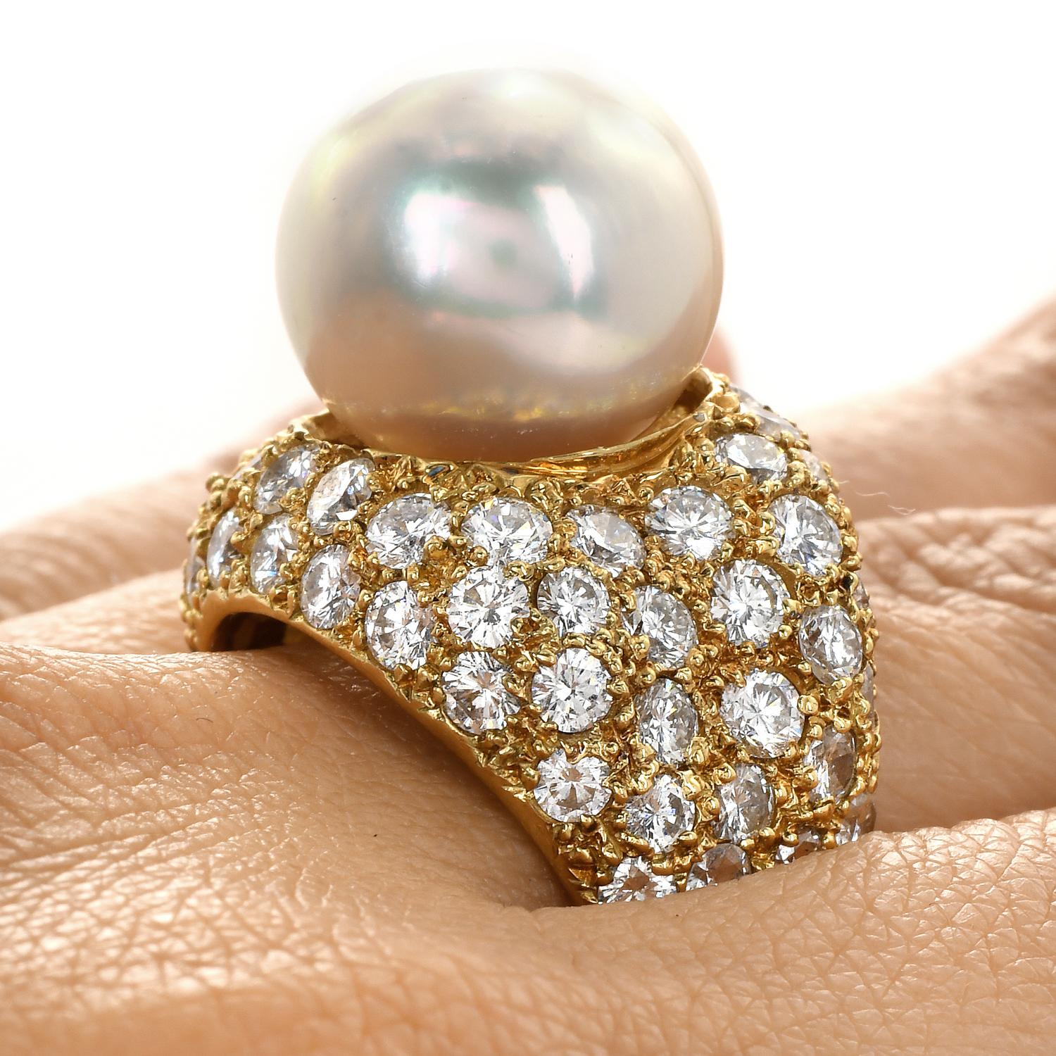 Retro Vintage 5.50ct Diamond South Sea Pearl 18k Yellow Gold Pave Cocktail Ring For Sale 3