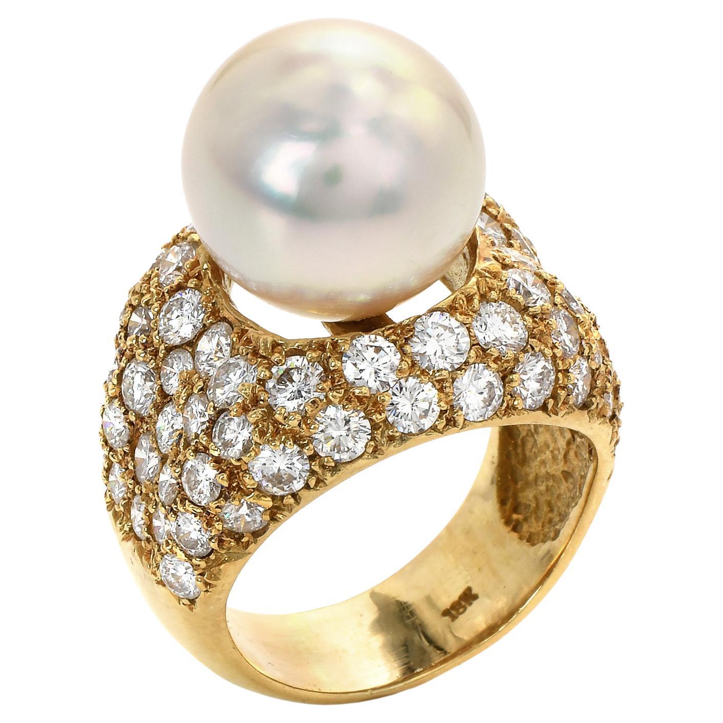 Retro Vintage 5.50ct Diamond South Sea Pearl 18k Yellow Gold Pave Cocktail Ring For Sale