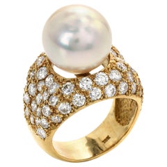 Retro Vintage 5.50ct Diamond South Sea Pearl 18k Yellow Gold Pave Cocktail Ring