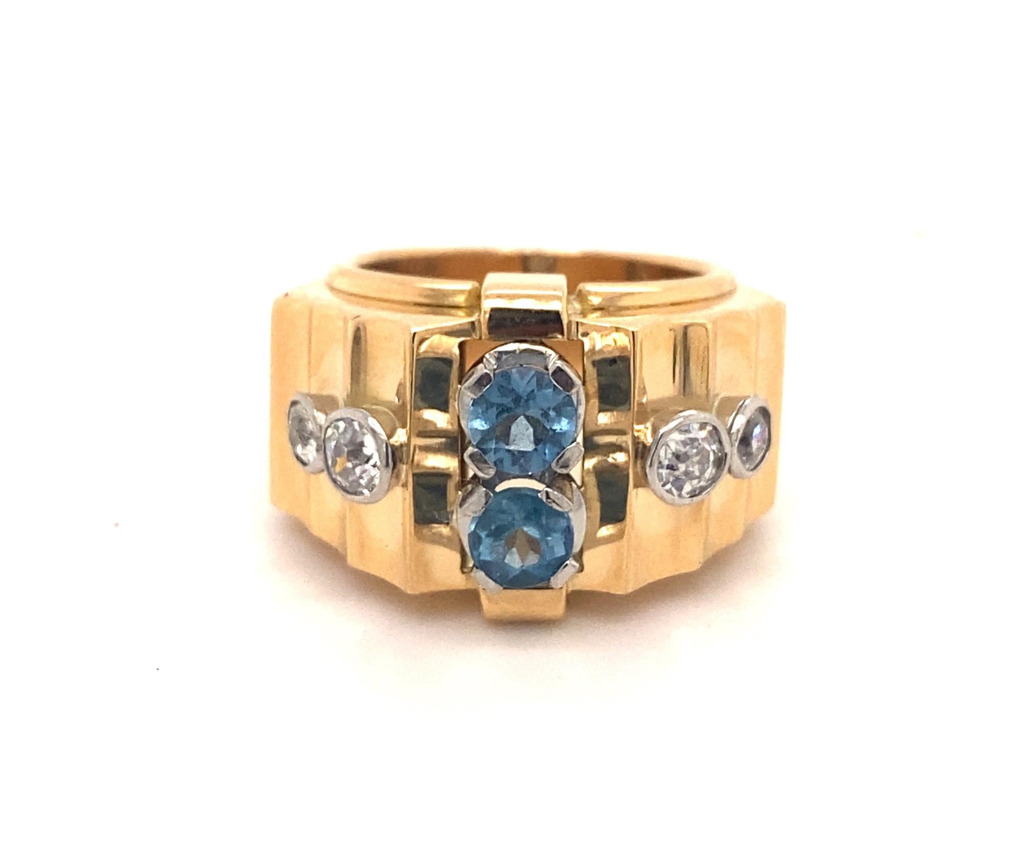 Retro Vintage Aquamarine Diamonds 18K Yellow Gold Buckle Ring For Sale 1