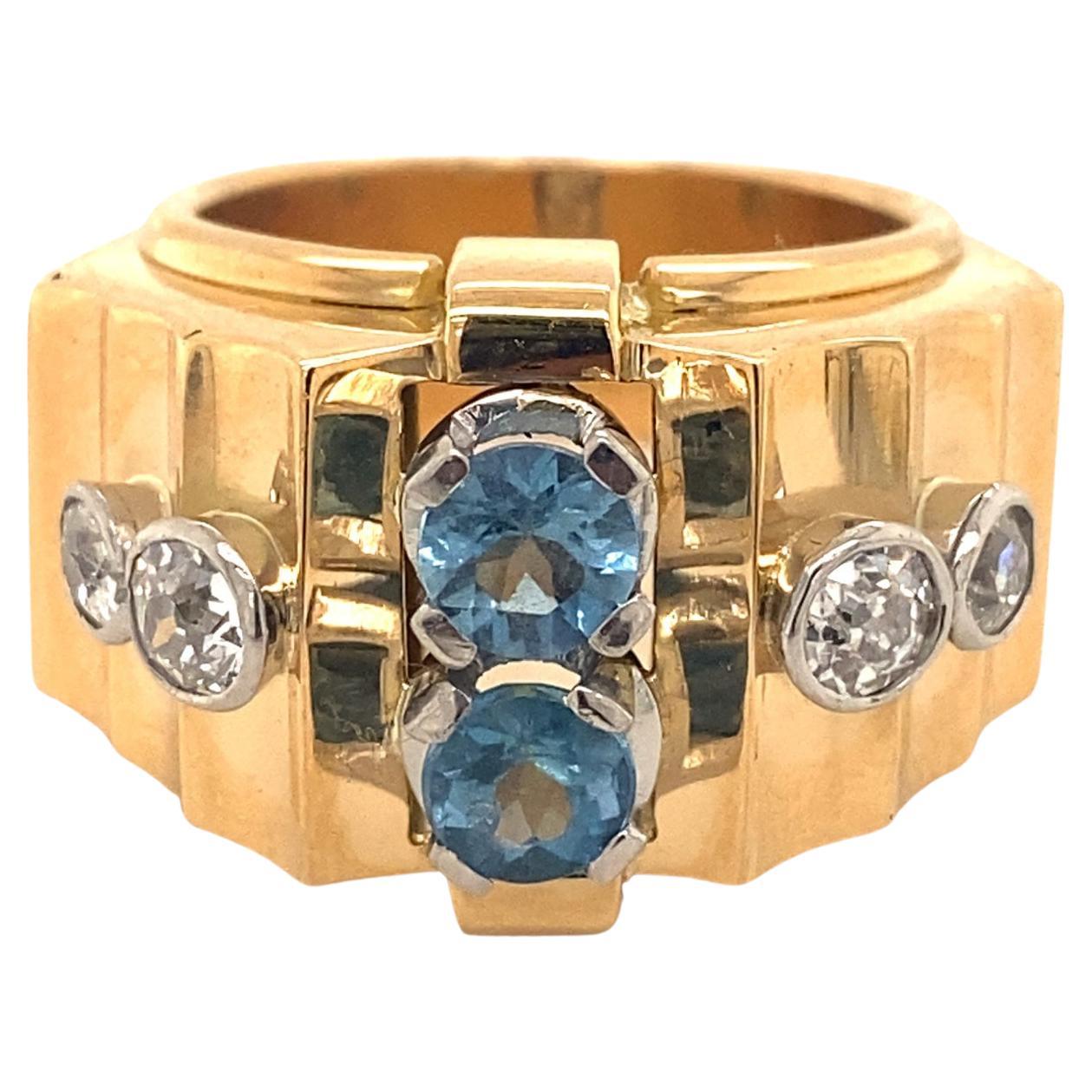 Retro Vintage Aquamarine Diamonds 18K Yellow Gold Buckle Ring For Sale
