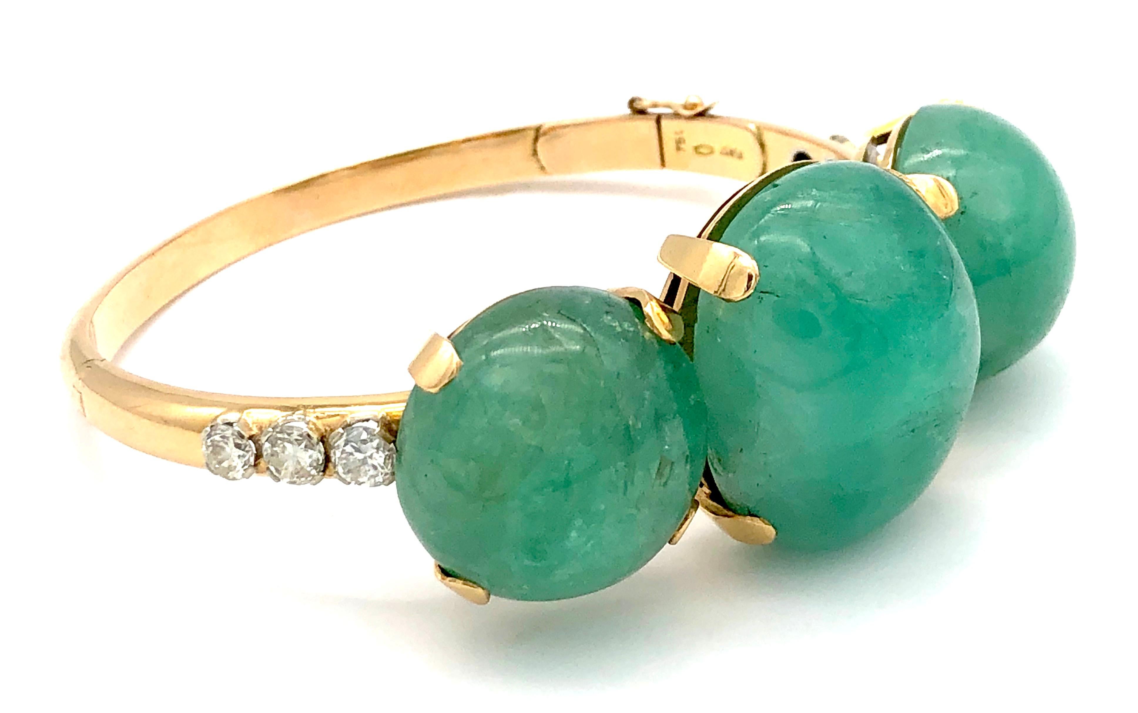 Women's Retro Vintage Bangle Bracelet Emerald Cabochon Diamond Gold Fürst Turin Rome