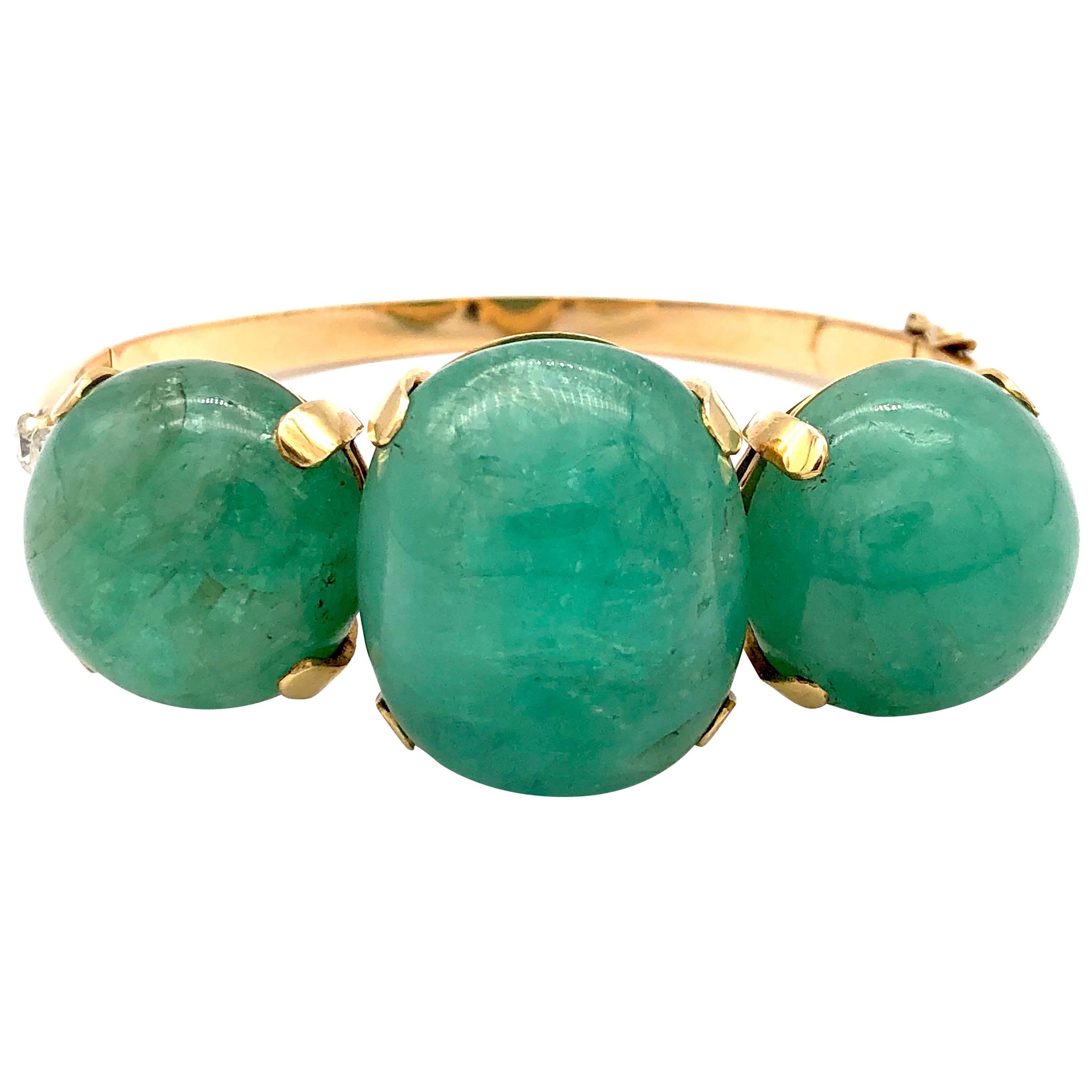 Retro Vintage Bangle Bracelet Emerald Cabochon Diamond Gold Fürst Turin Rome