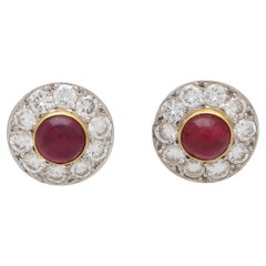Retro Vintage Cabochon Ruby and Diamond Cluster Earrings in Gold and Platinum