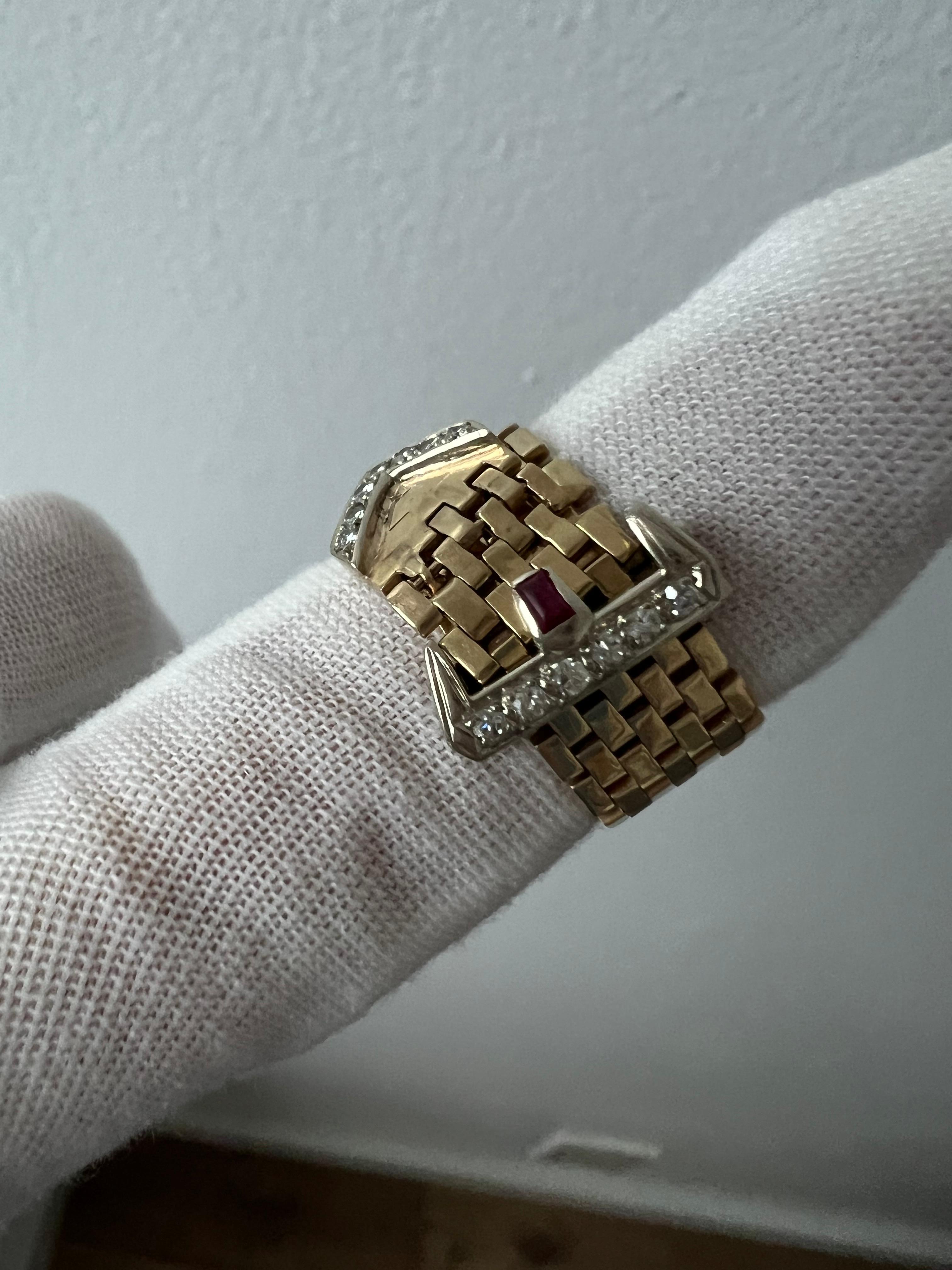 Round Cut Retro Vintage Diamond and Ruby Flexible 14K Yellow Gold Buckle Band Ring.