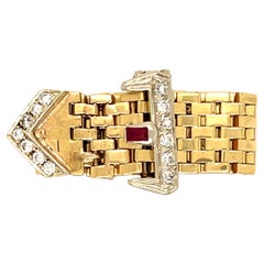 Retro Vintage Diamond and Ruby Flexible 14K Yellow Gold Buckle Band Ring.