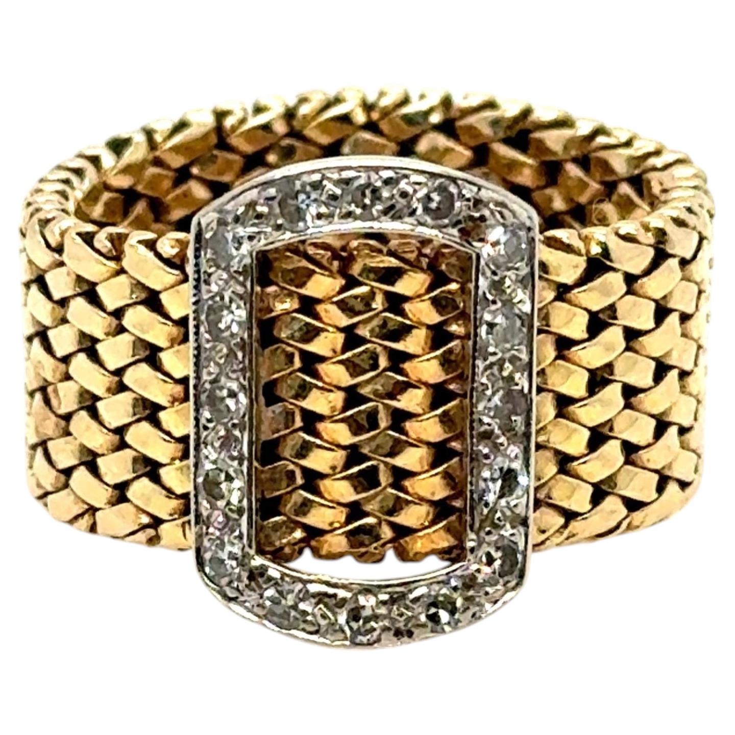 Retro Vintage Diamond Flexible 14K Yellow Gold Buckle Band Ring.